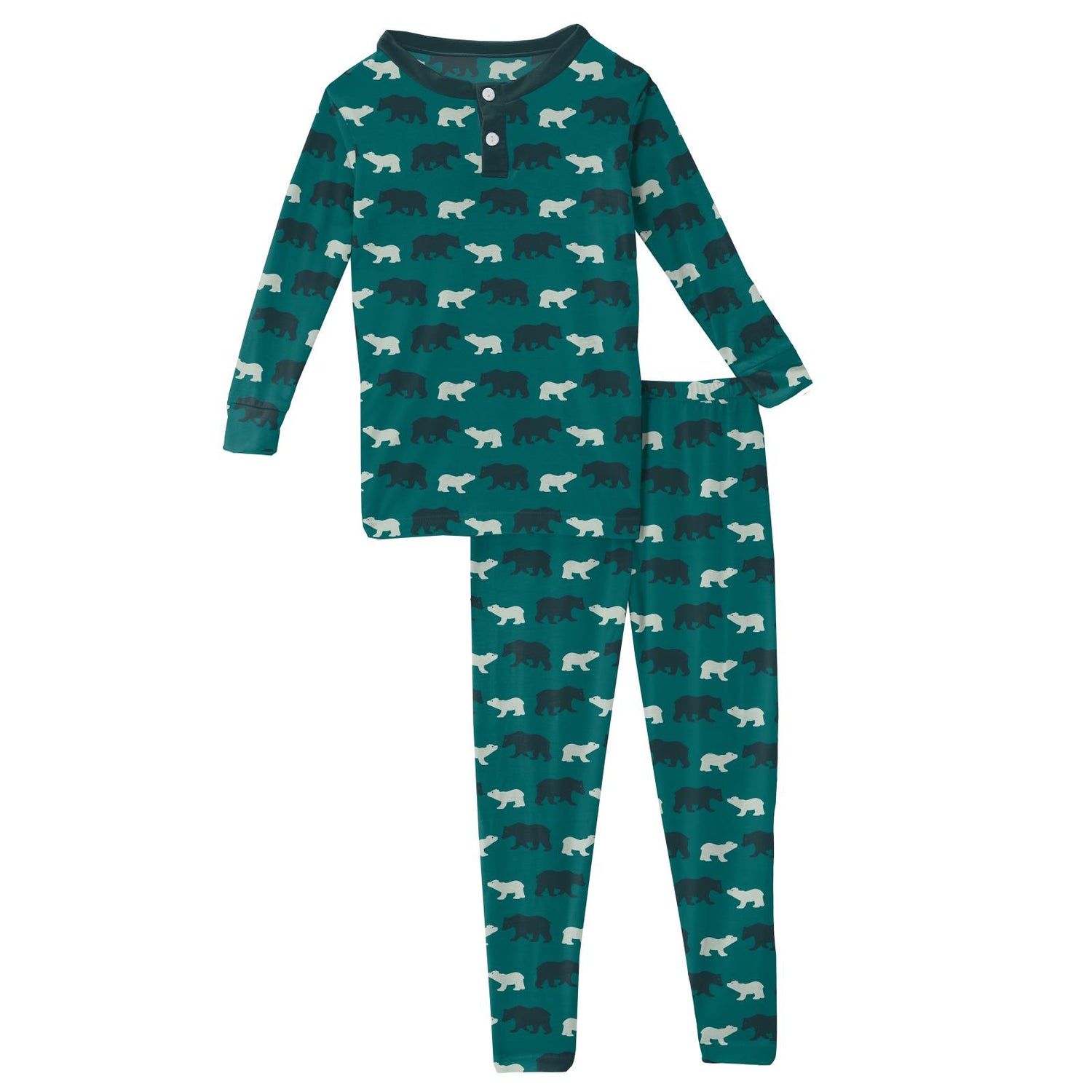 Print Long Sleeve Henley Pajama Set in Cedar Brown Bear