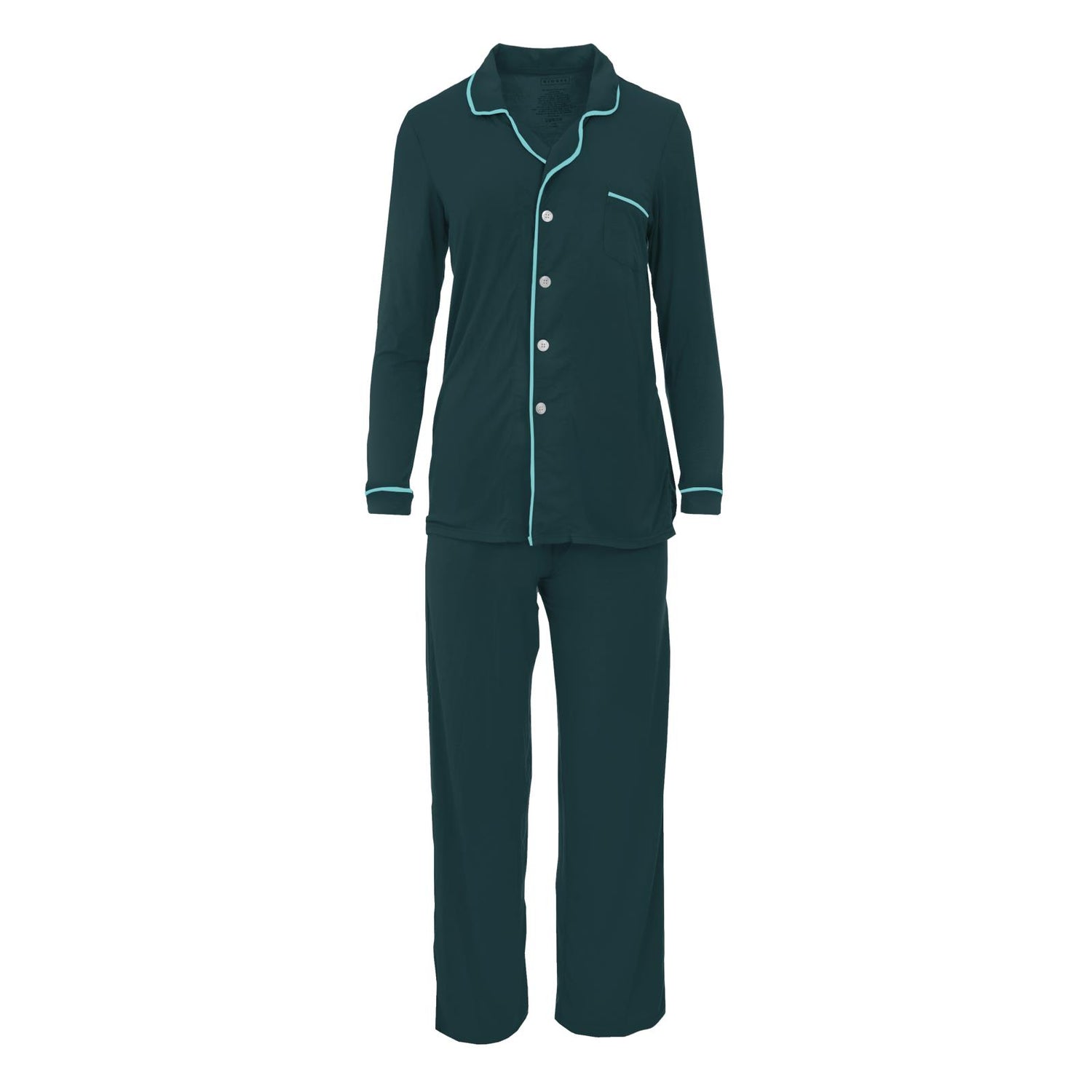 Women's Long Sleeved Collared Pajama Set in Pine with Iceberg