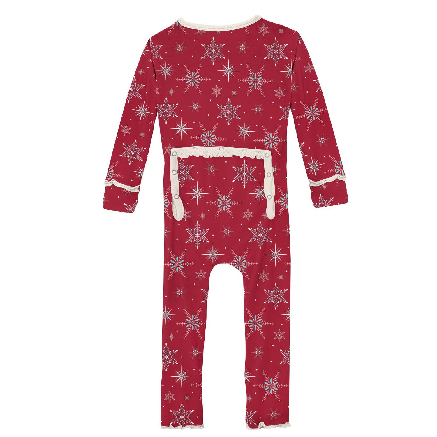 Print Muffin Ruffle Coverall with Zipper in Crimson Snowflakes