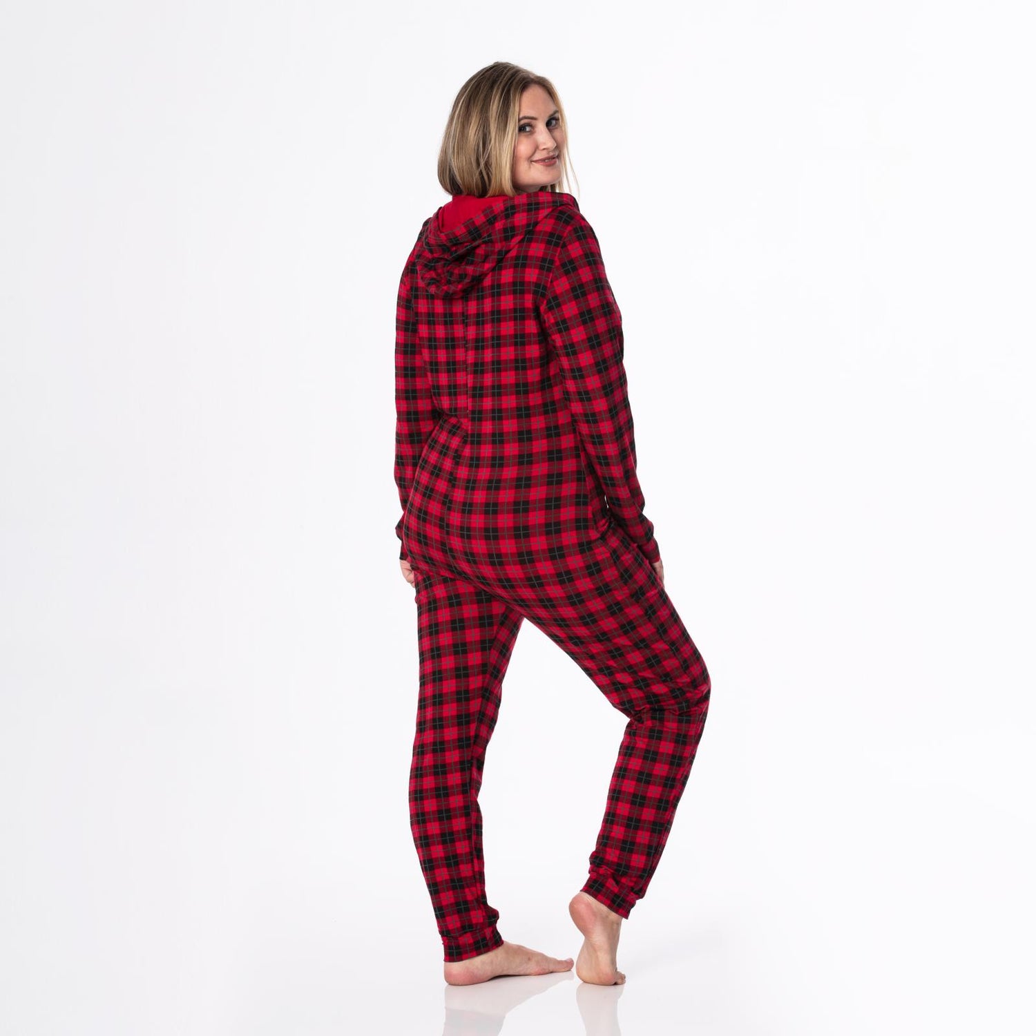 Women's Print Long Sleeve Jumpsuit with Hood in Anniversary Plaid
