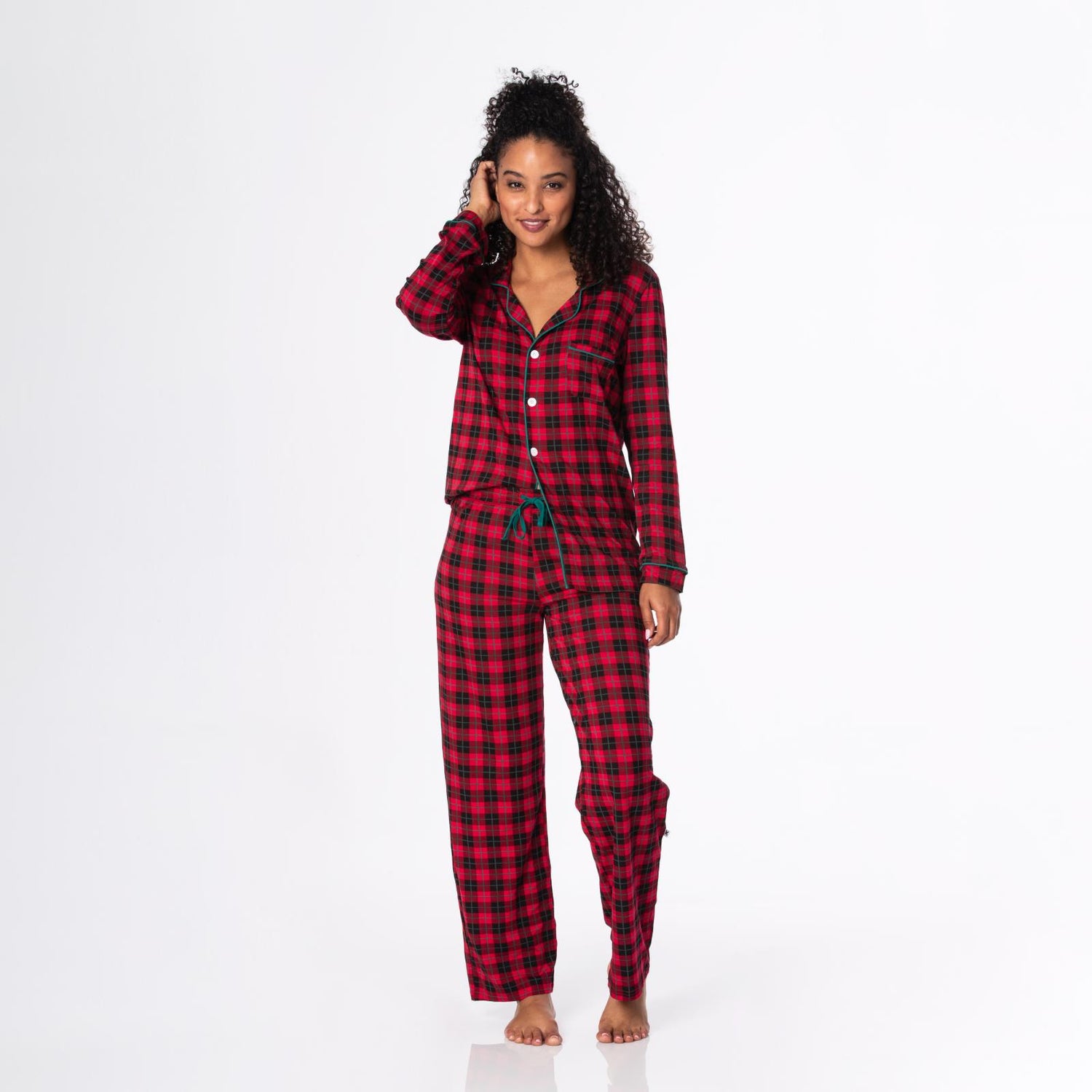 Women's Print Long Sleeve Collared Pajama Set in Anniversary Plaid