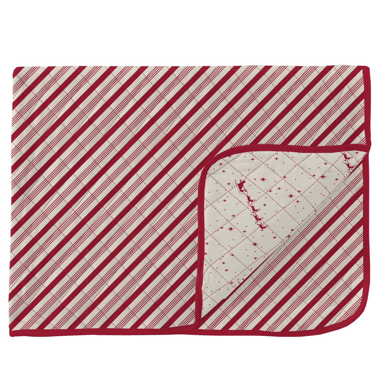 Print Quilted Throw Blanket in Crimson Candy Cane Stripe/Natural Flying Santa