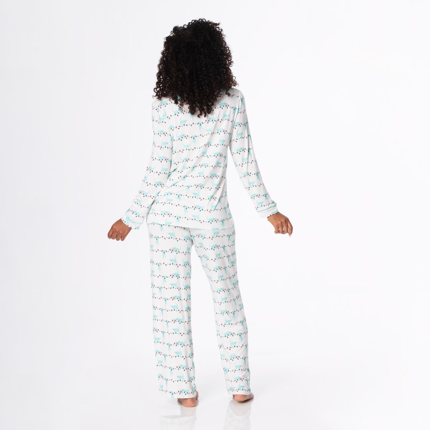 Women's Print Long Sleeve Collared Pajama Set in Natural Tangled Kittens