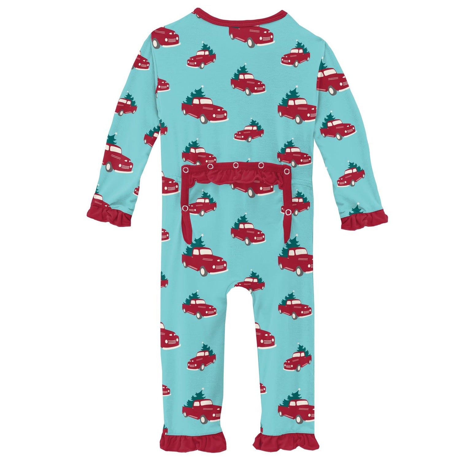 Print Classic Ruffle Coverall with Snaps in Iceberg Trucks and Trees