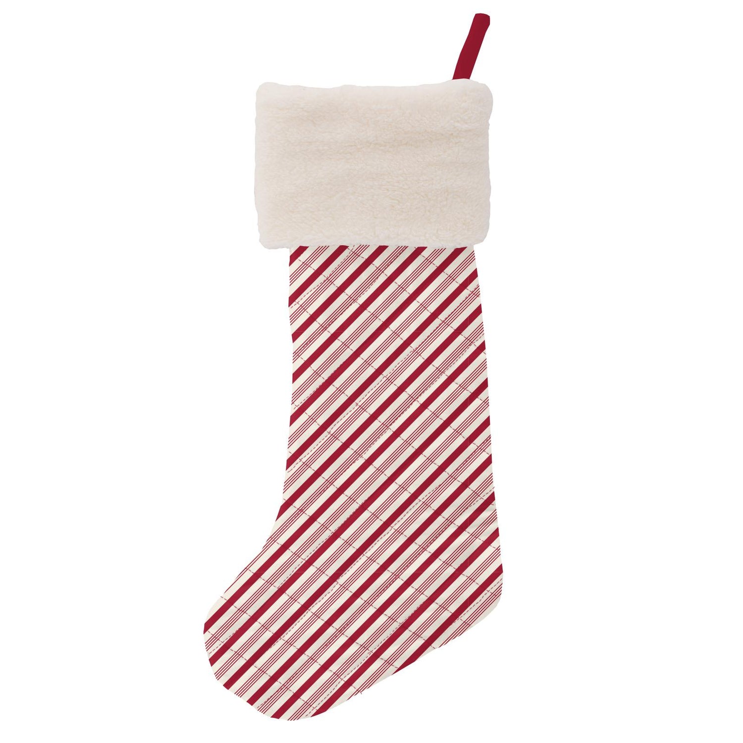 Quilted Stocking in Crimson Candy Cane Stripe/Natural Flying Santa