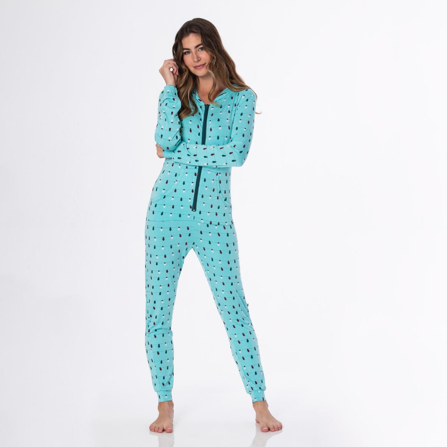 Women's Print Long Sleeve Jumpsuit with Hood in Iceberg Holiday Lights