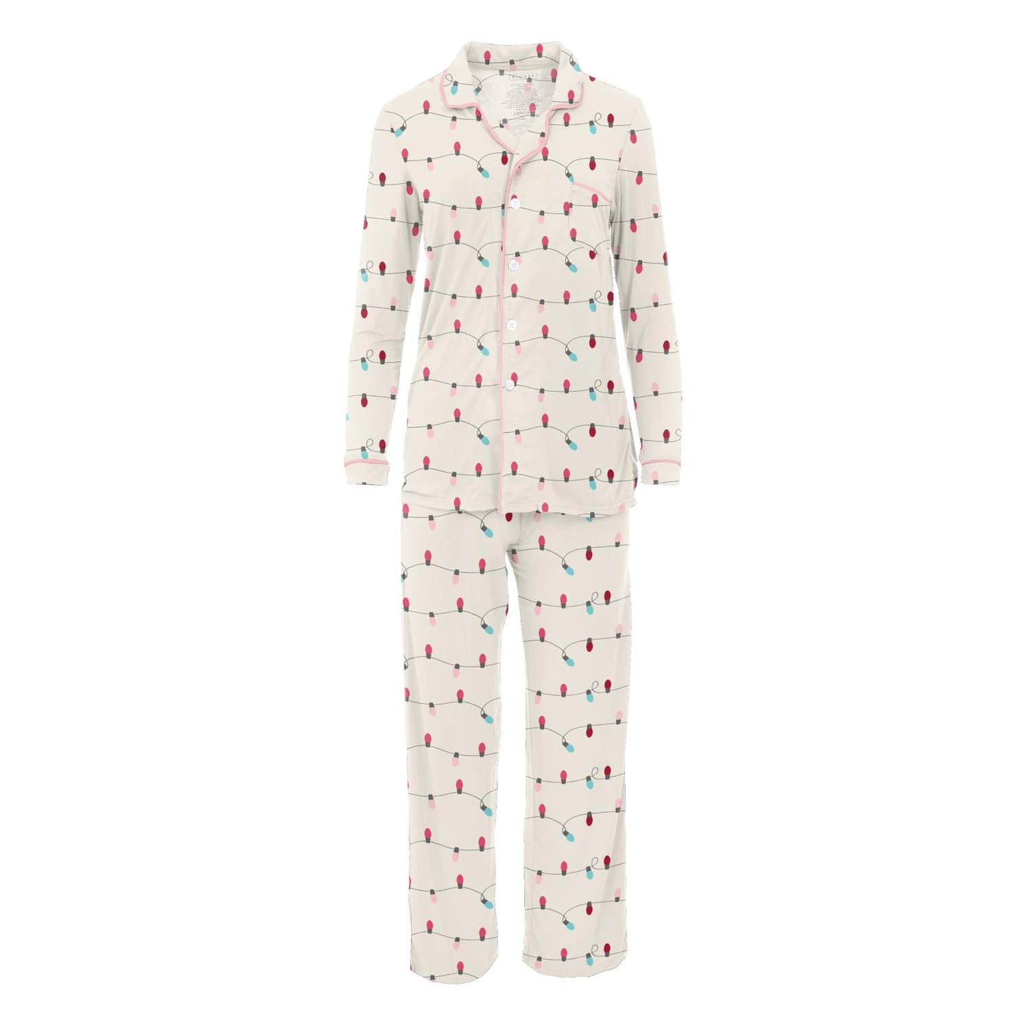 Women's Print Long Sleeve Collared Pajama Set in Natural Holiday Lights