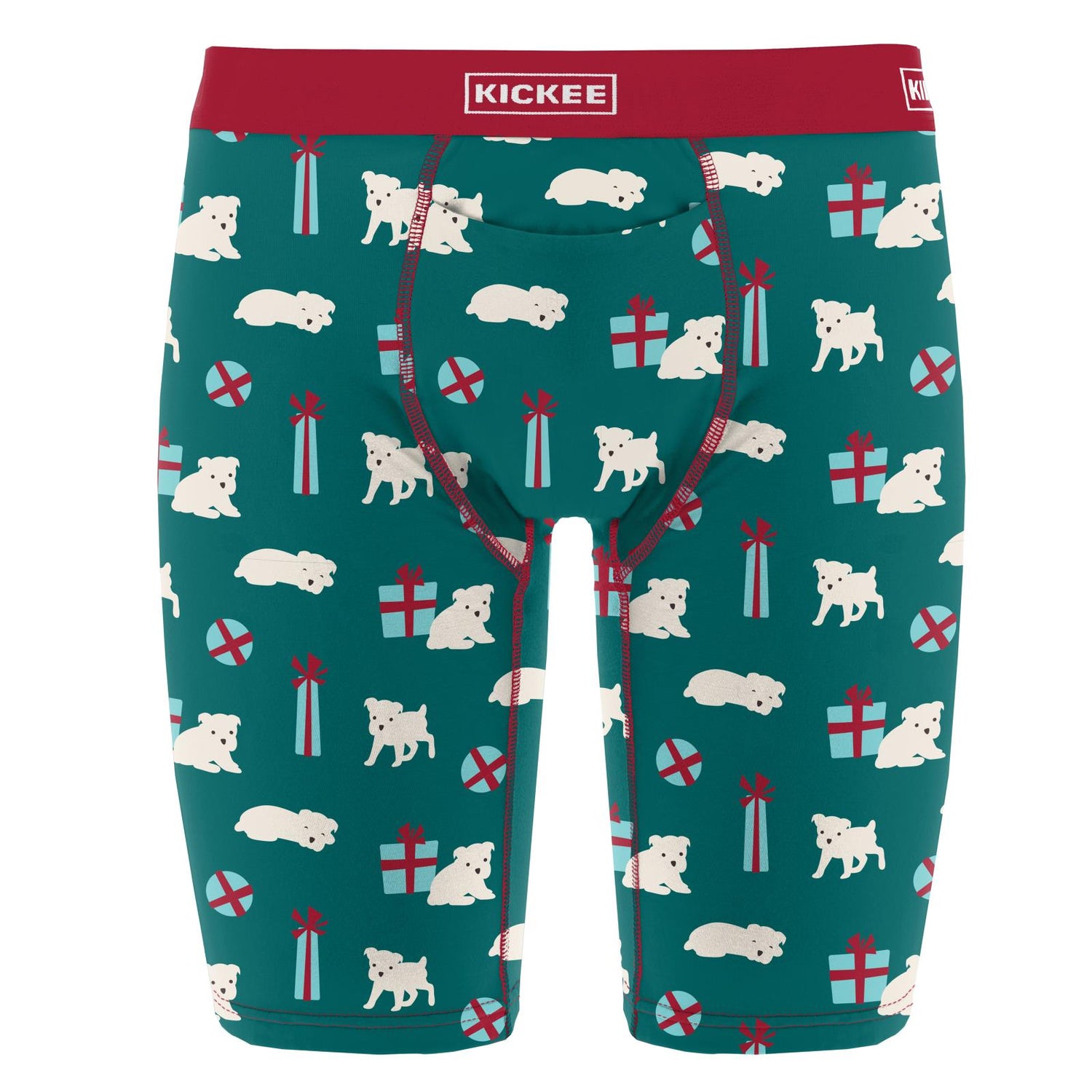 Men's Print Long Boxer Brief with Top Fly in Cedar Puppies and Presents