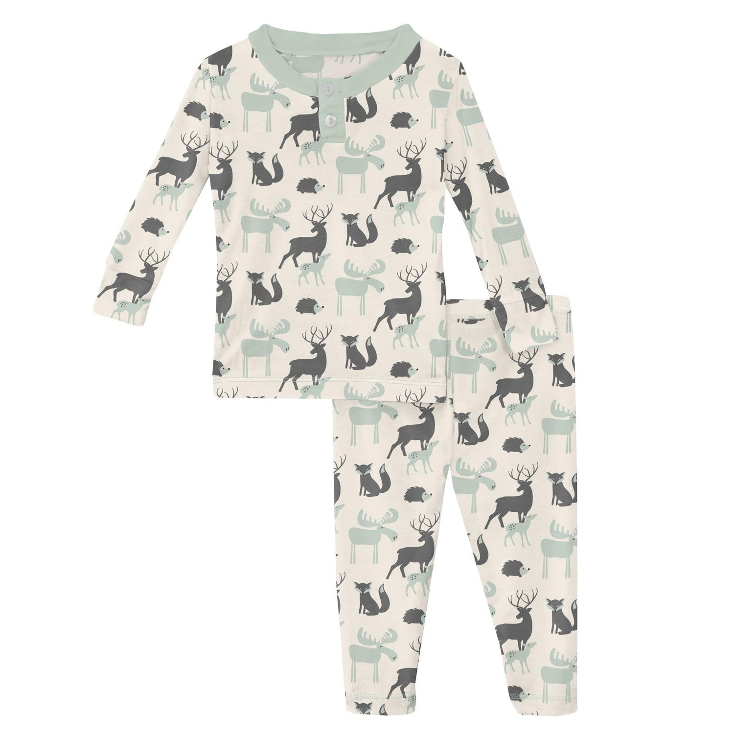 Print Long Sleeve Henley Pajama Set in Natural Forest Animals