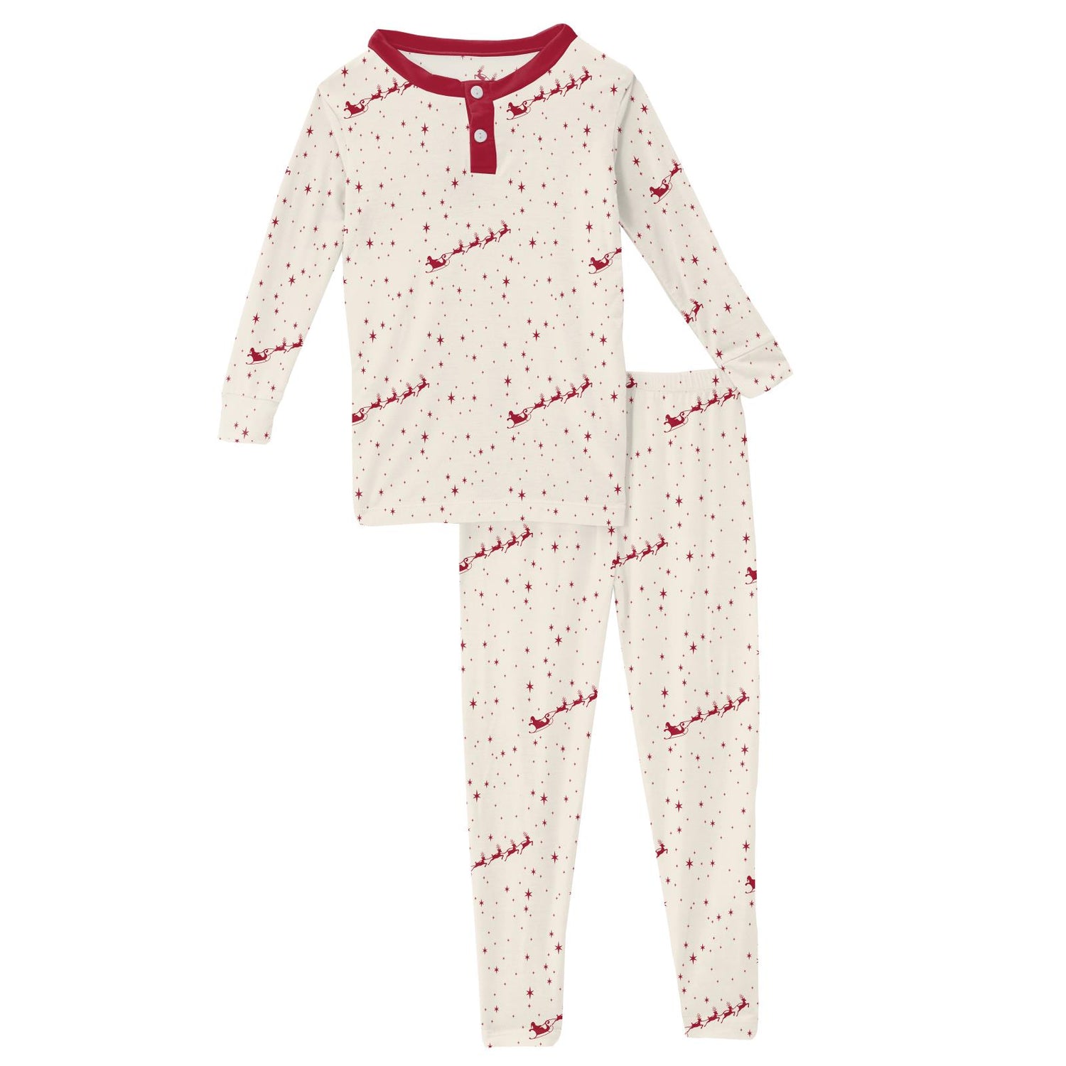 Print Long Sleeve Henley Pajama Set in Natural Flying Santa