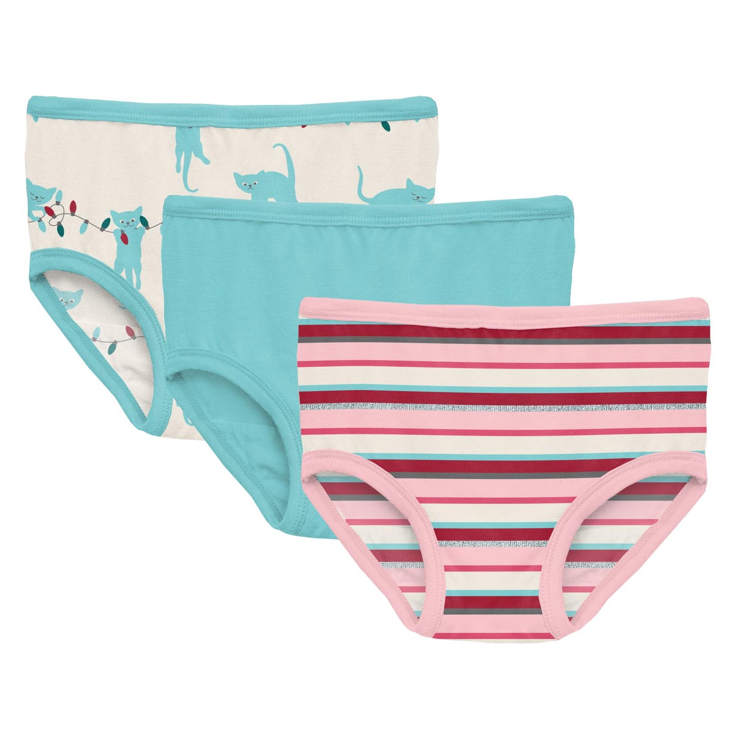 Print Girl's Underwear Set of 3 in Natural Tangled Kittens, Iceberg and Anniversary Bobsled Stripe
