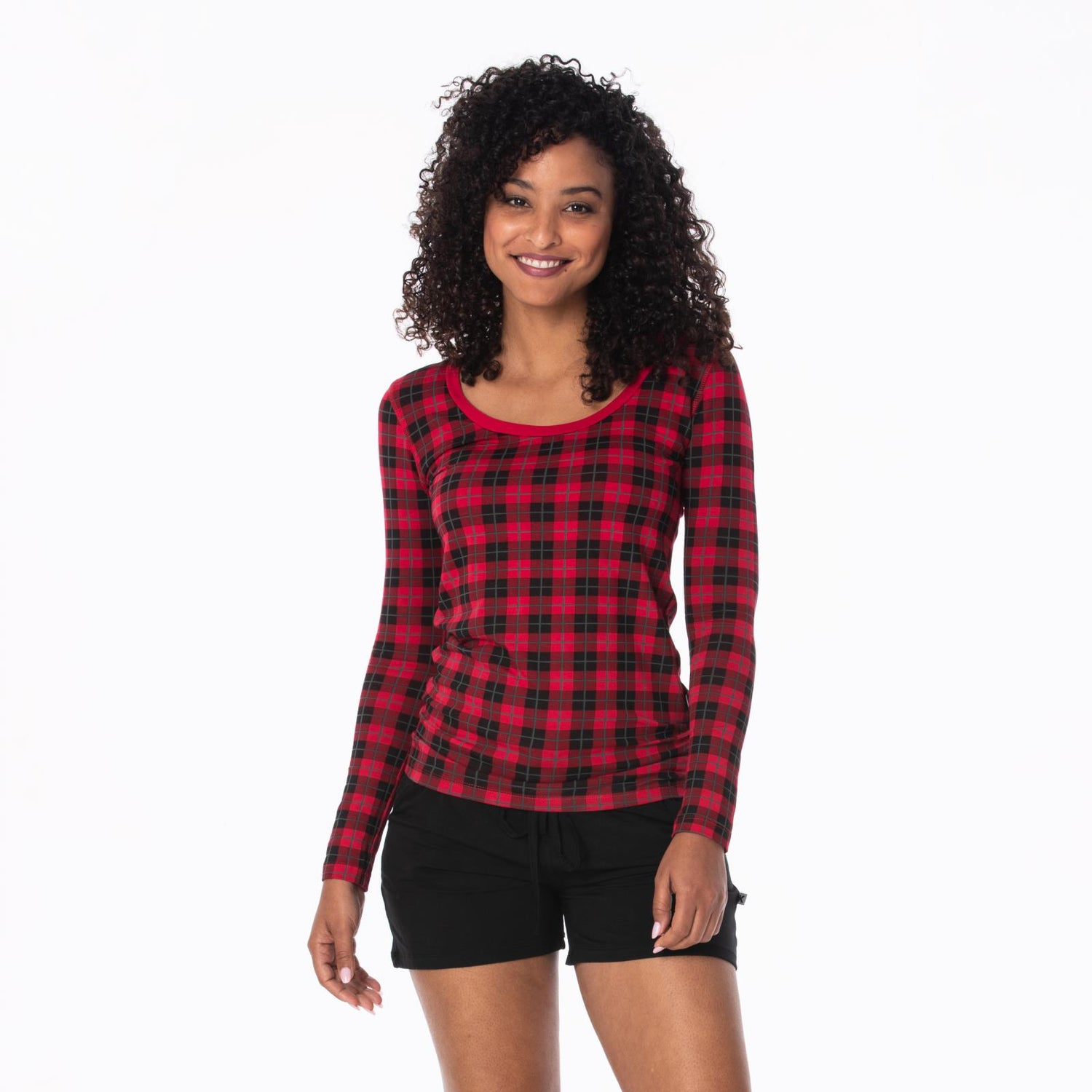 Women's Print Long Sleeve Scoop Neck Tee in Anniversary Plaid