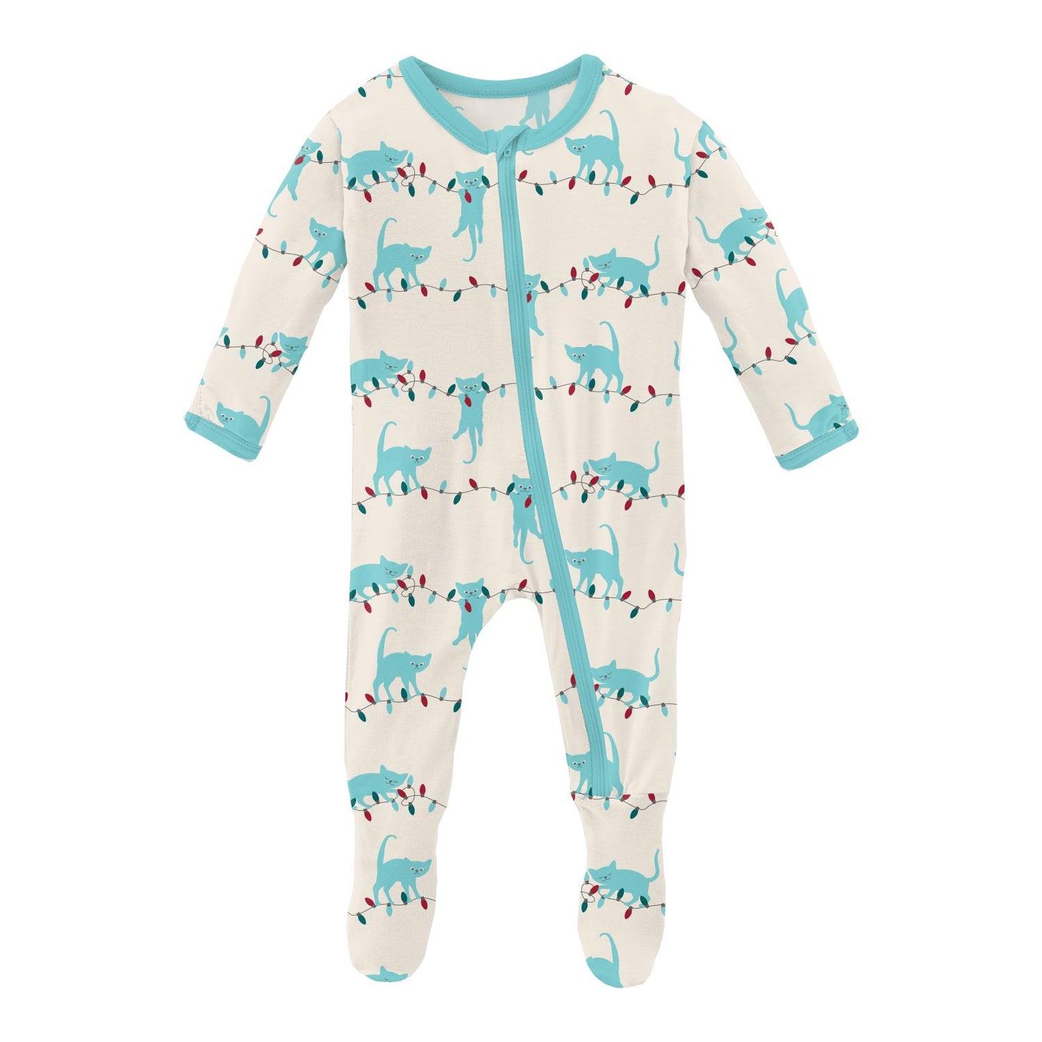 Print Footie with Zipper in Natural Tangled Kittens