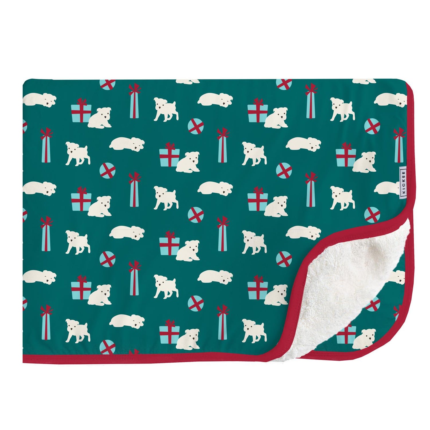 Print Sherpa-Lined Throw Blanket in Cedar Puppies and Presents