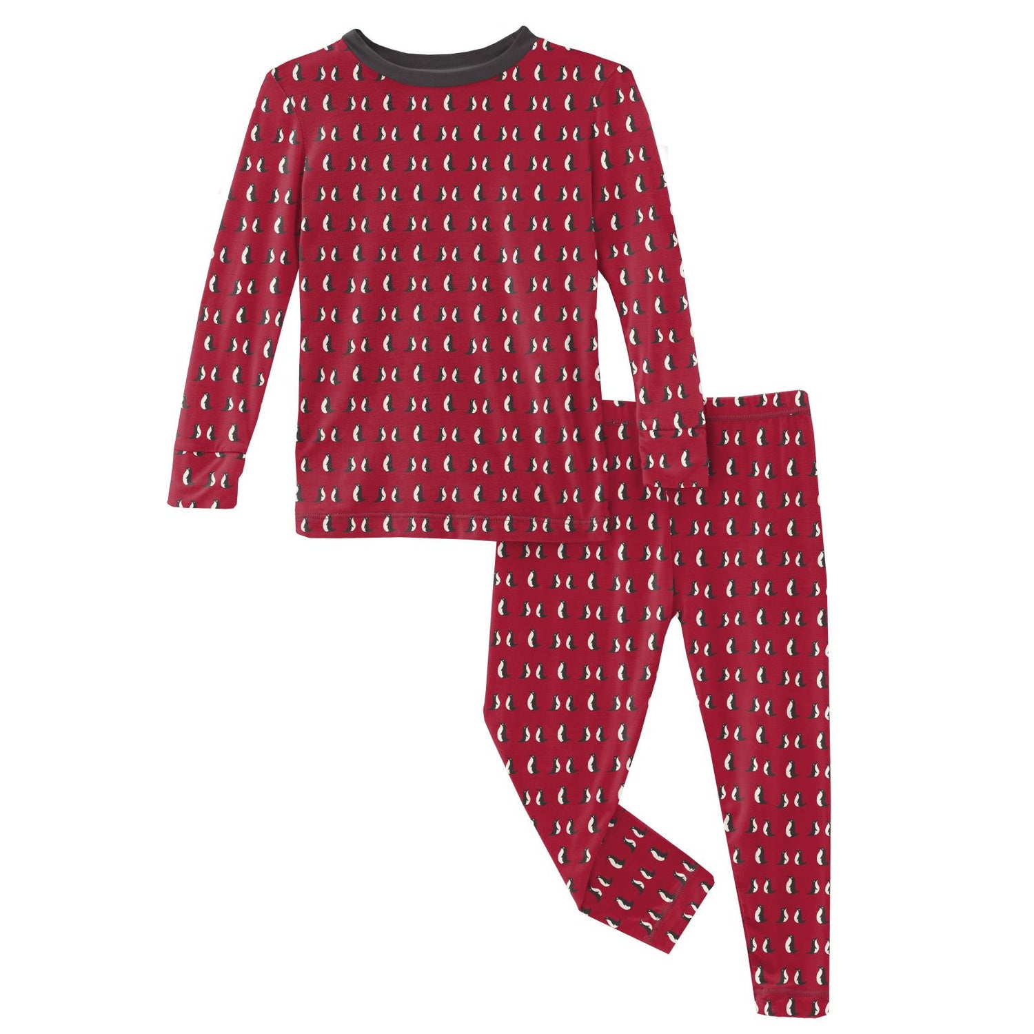 Print Long Sleeve Pajama Set in Crimson Penguins