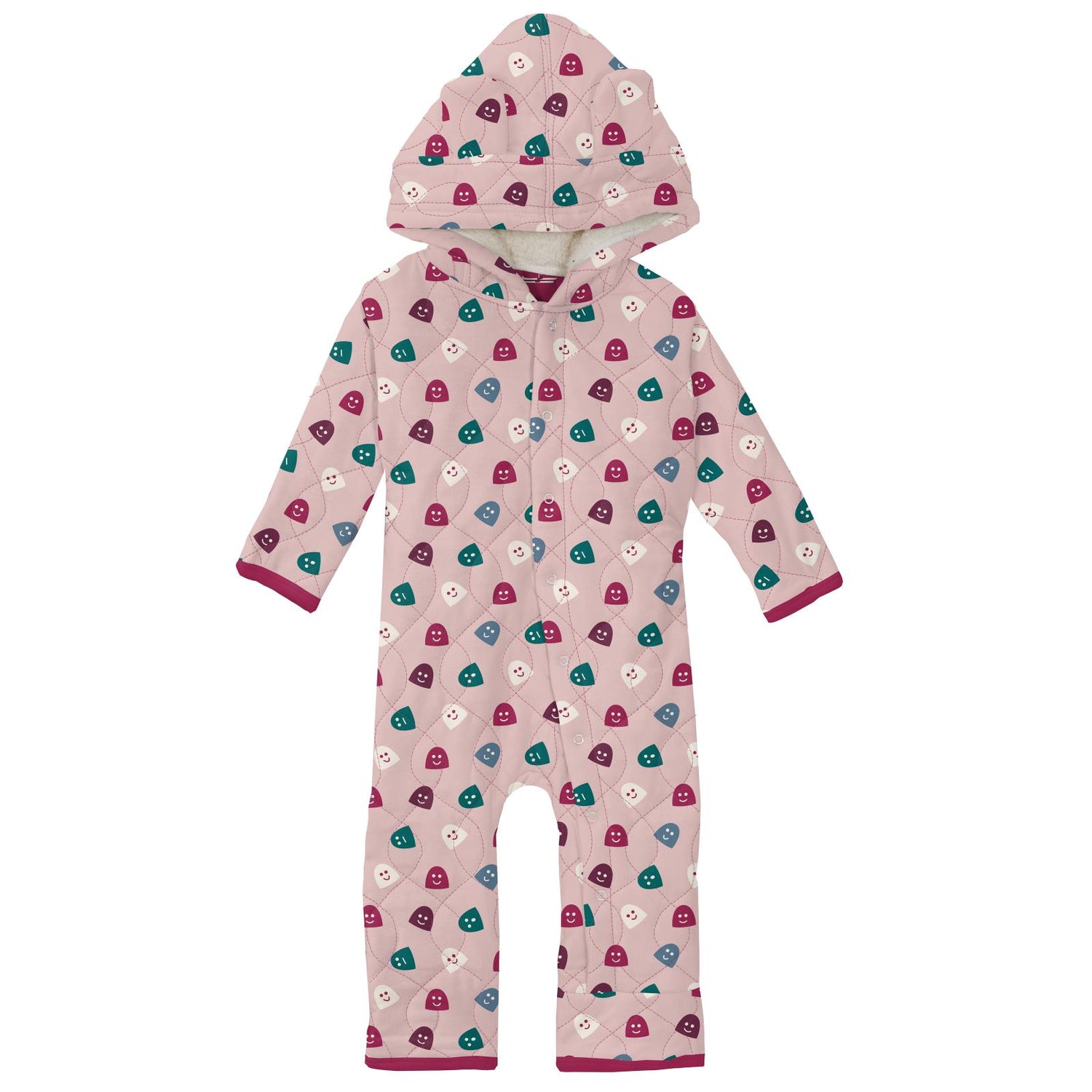 Print Quilted Hoodie Coverall with Sherpa-Lined Hood in Baby Rose Happy Gumdrops/Berry Ski Bird