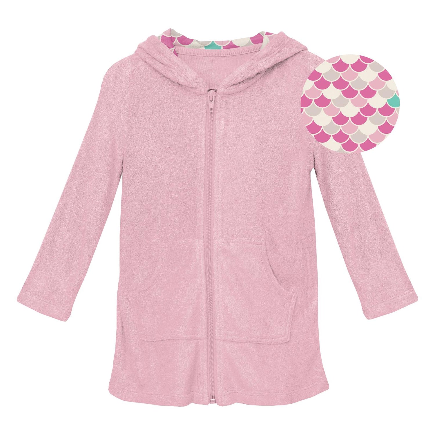 Terry Zip-Front After Swim Robe with Print Lined Hood in Cake Pop with Tulip Scales