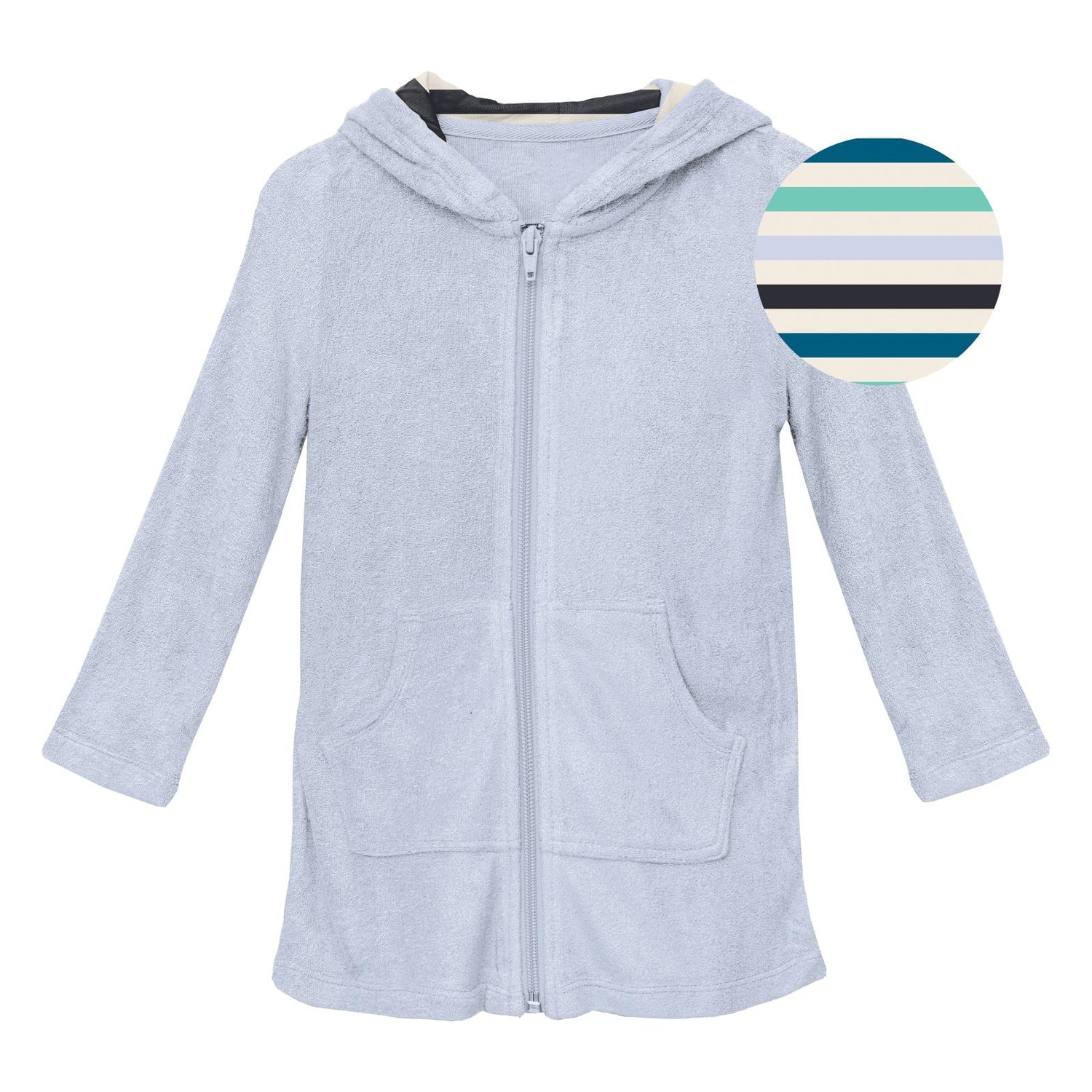 Terry Zip-Front After Swim Robe with Print Lined Hood in Dew with Little Boy Blue Stripe