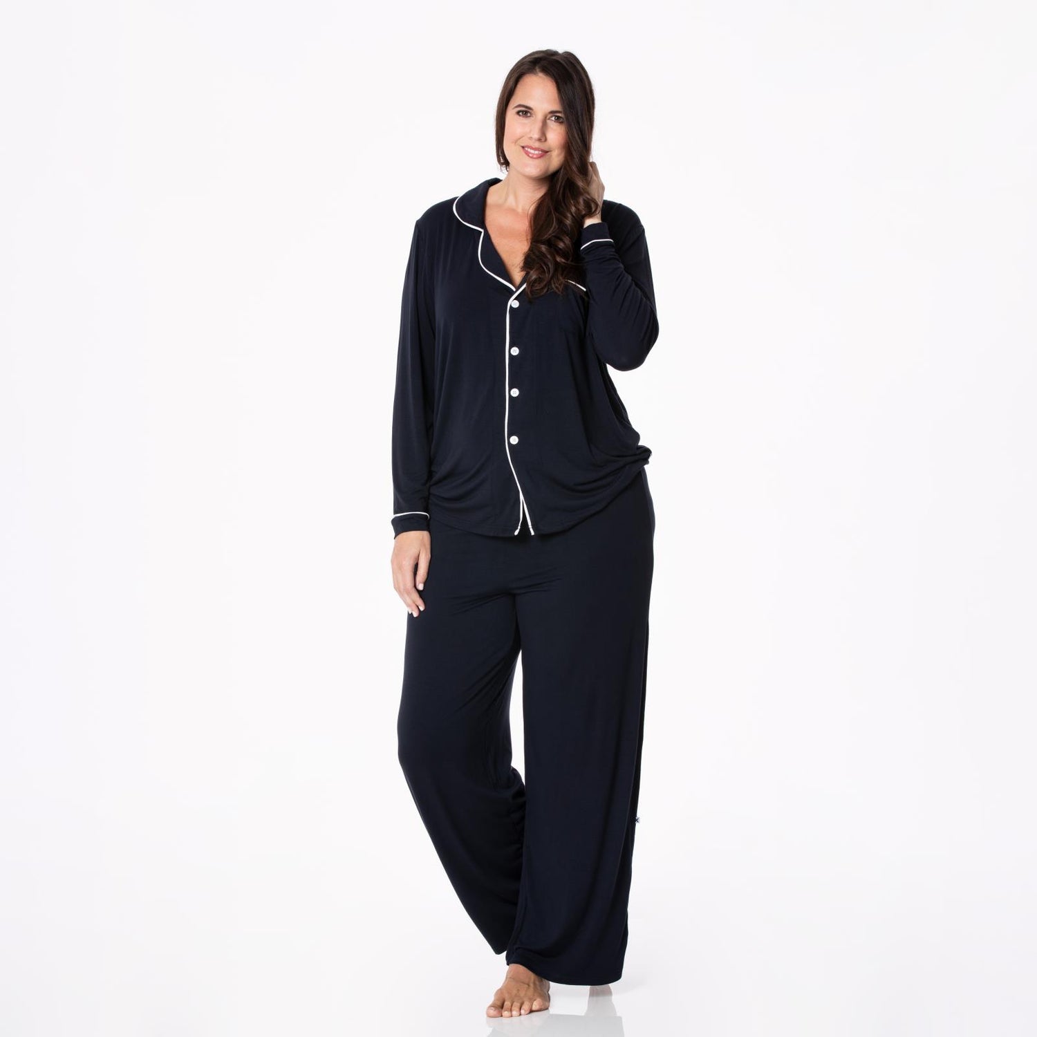 Women's Solid Long Sleeved Collared Pajama Set in Deep Space with Natural