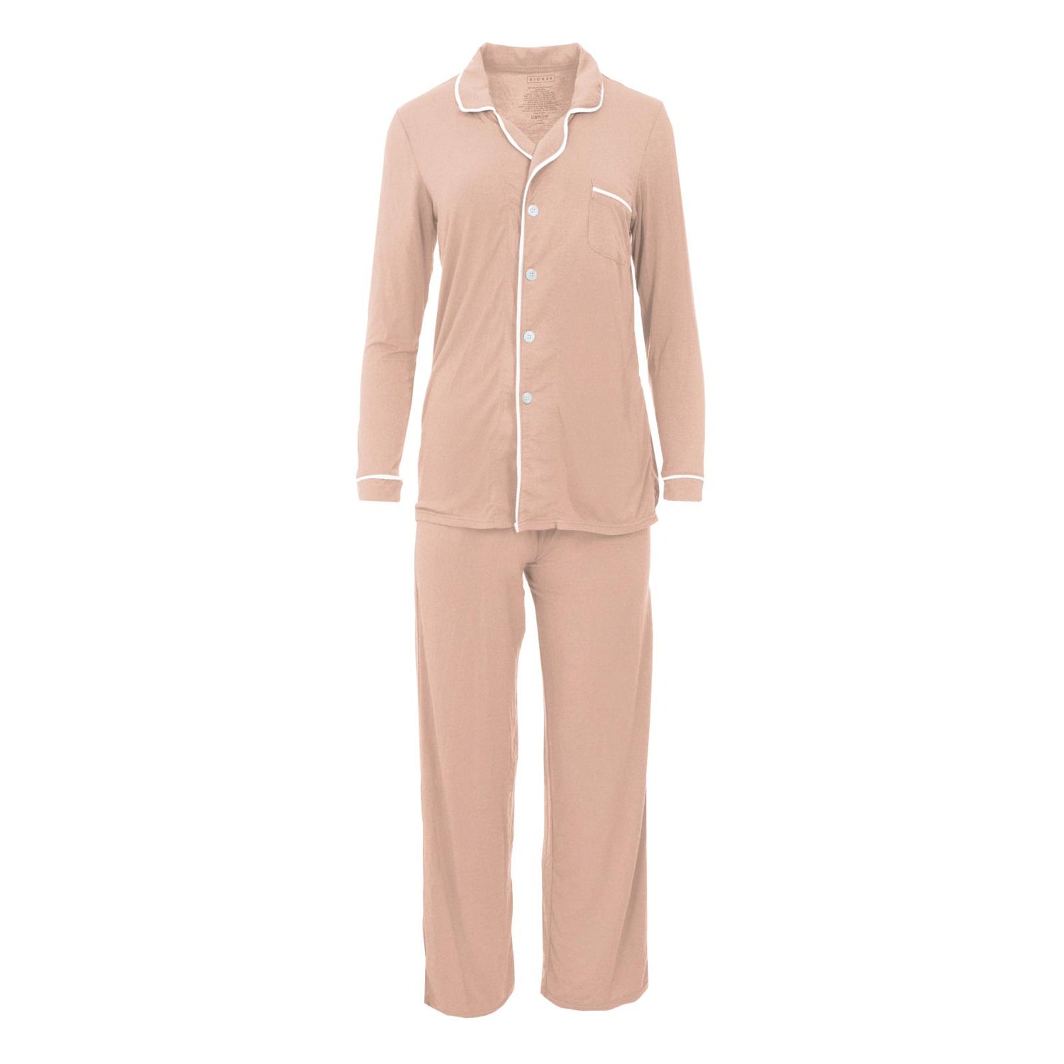 Women's Solid Long Sleeved Collared Pajama Set in Peach Blossom with Natural