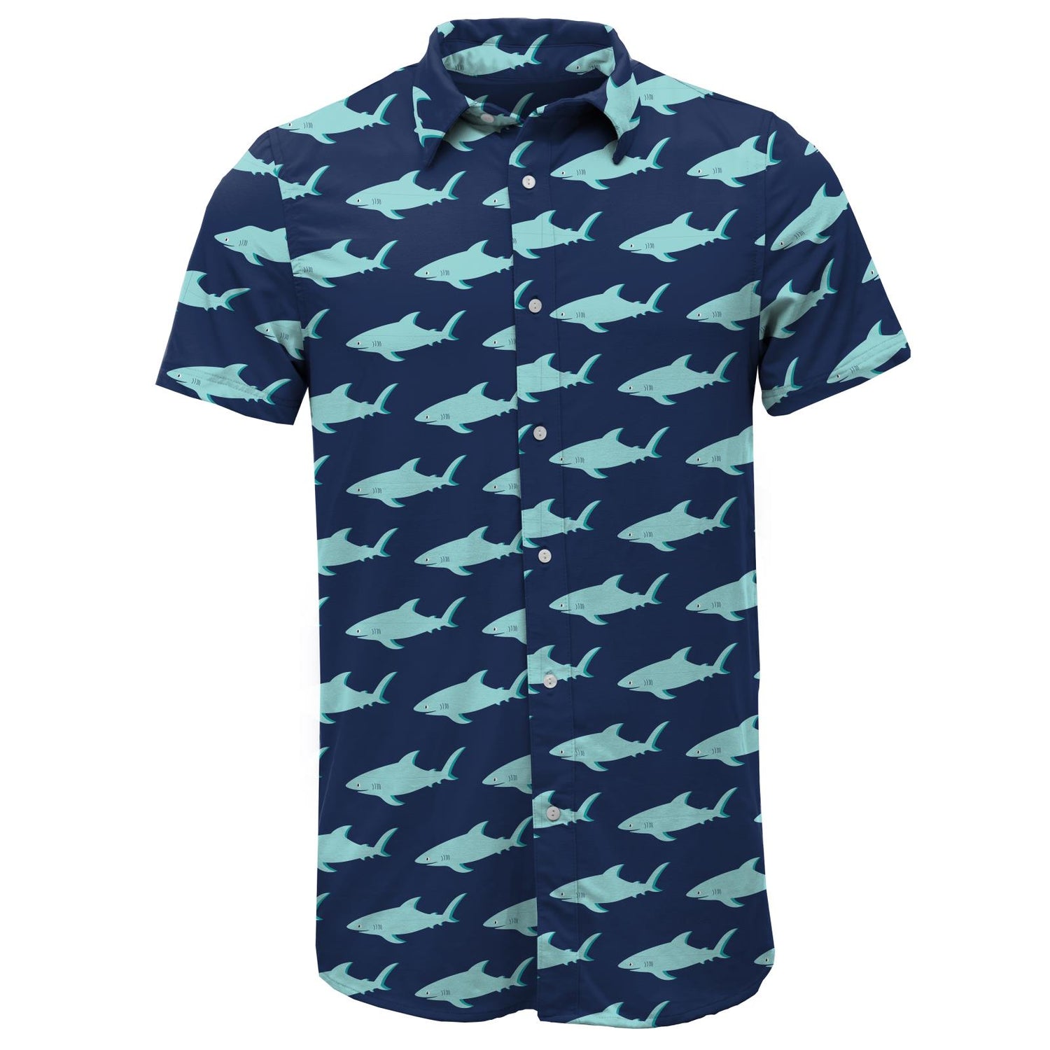 Men's Print Short Sleeve Button Down Shirt in Flag Blue Sharky