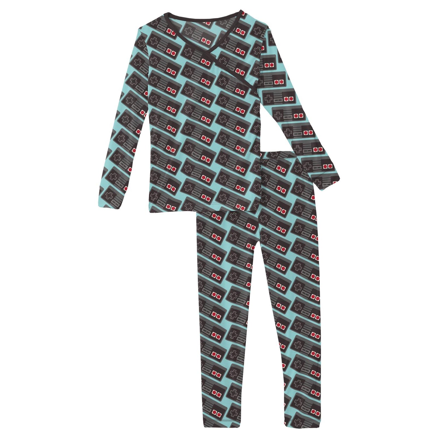 Print Long Sleeve Kimono Pajama Set in Summer Sky Retro Game Controller