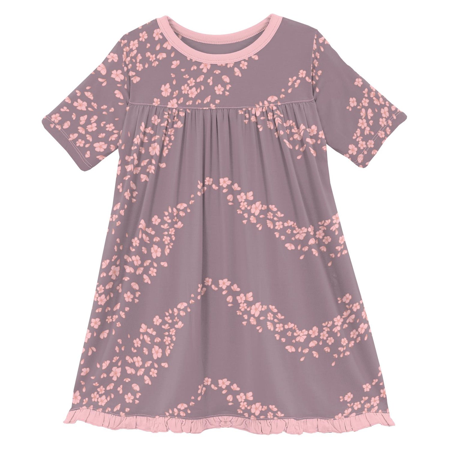 Print Classic Short Sleeve Swing Dress in Elderberry Sakura Wind