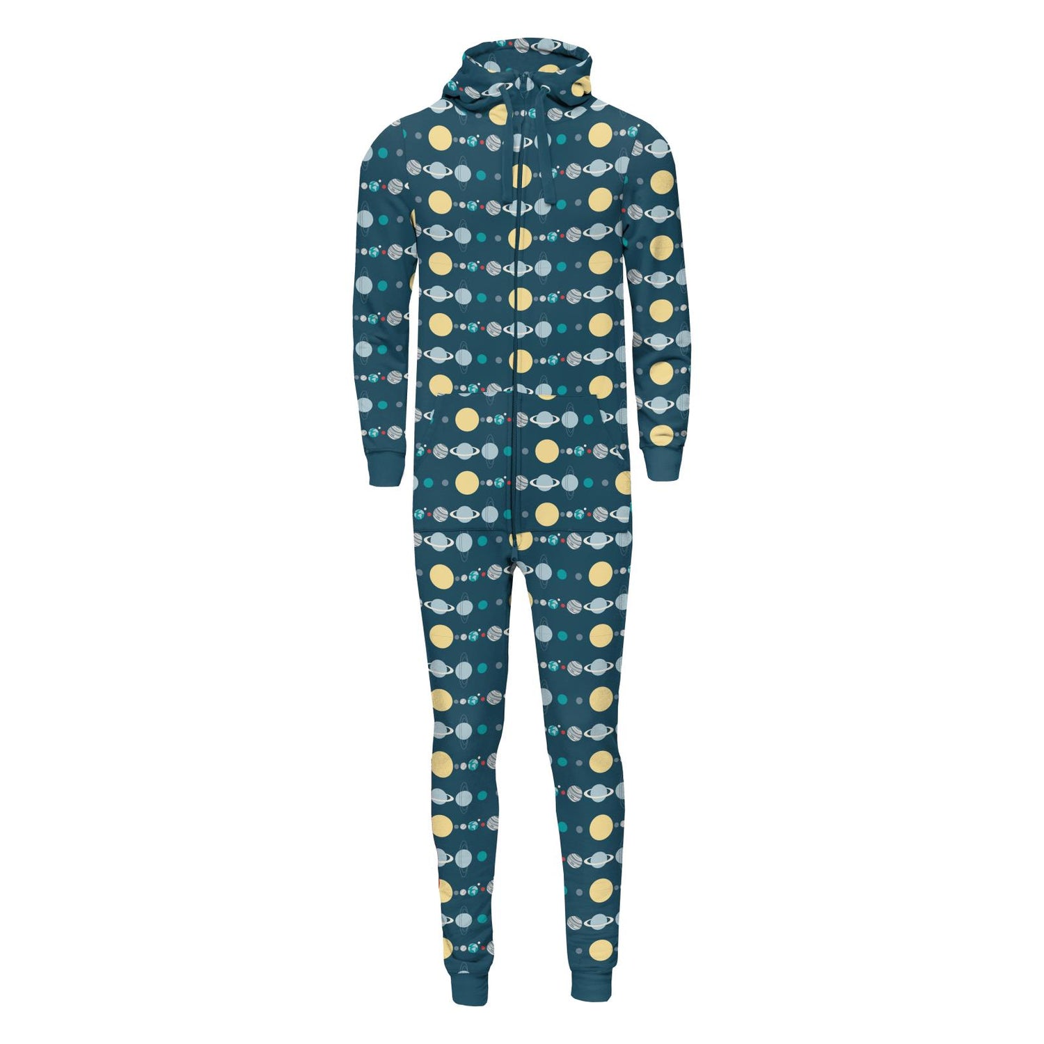 Print Adult Fleece Jumpsuit with Hood in Peacock Planets