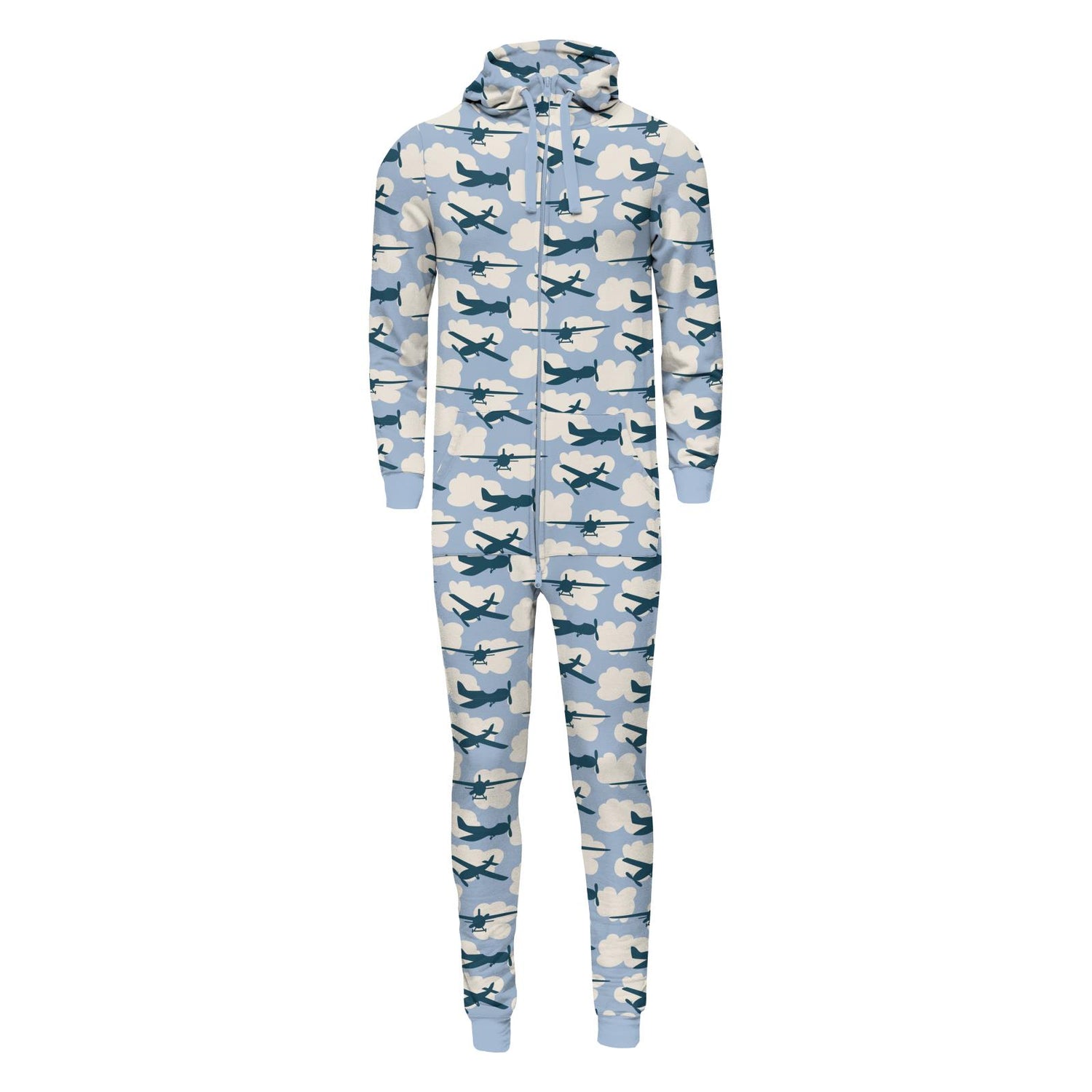 Print Adult Fleece Jumpsuit with Hood in Pond Planes