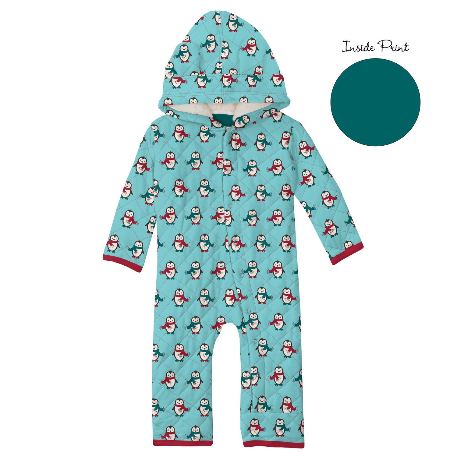 Print Quilted Hoodie Coverall with Sherpa-Lined Hood in Iceberg Penguins/Cedar