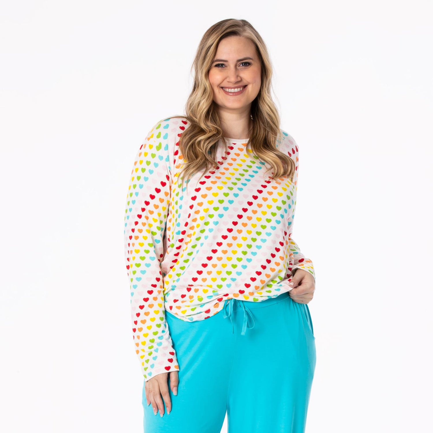 Women's Print Long Sleeve Loosey Goosey Tee in Rainbow Hearts