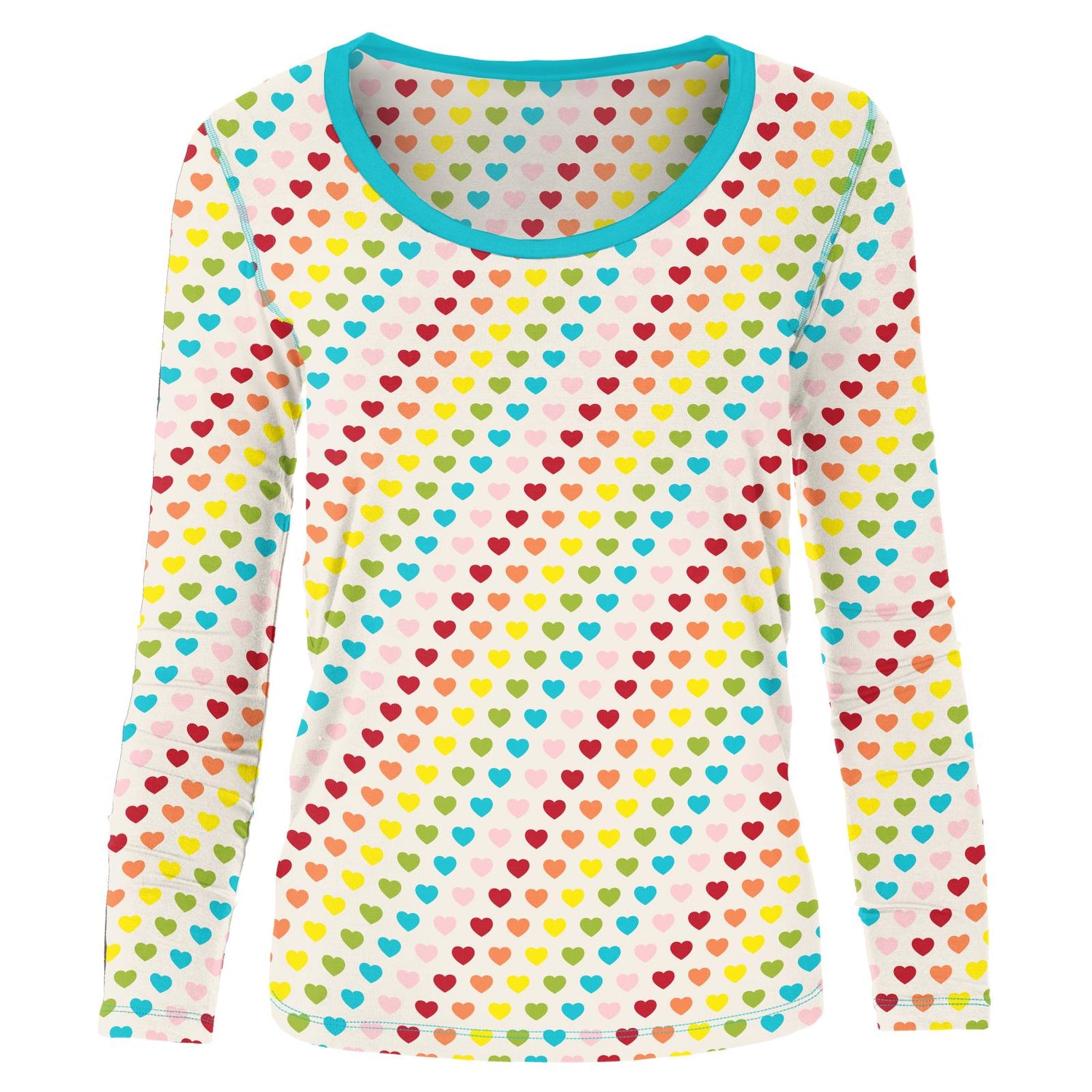 Women's Print Long Sleeve Scoop Neck Tee in Rainbow Hearts