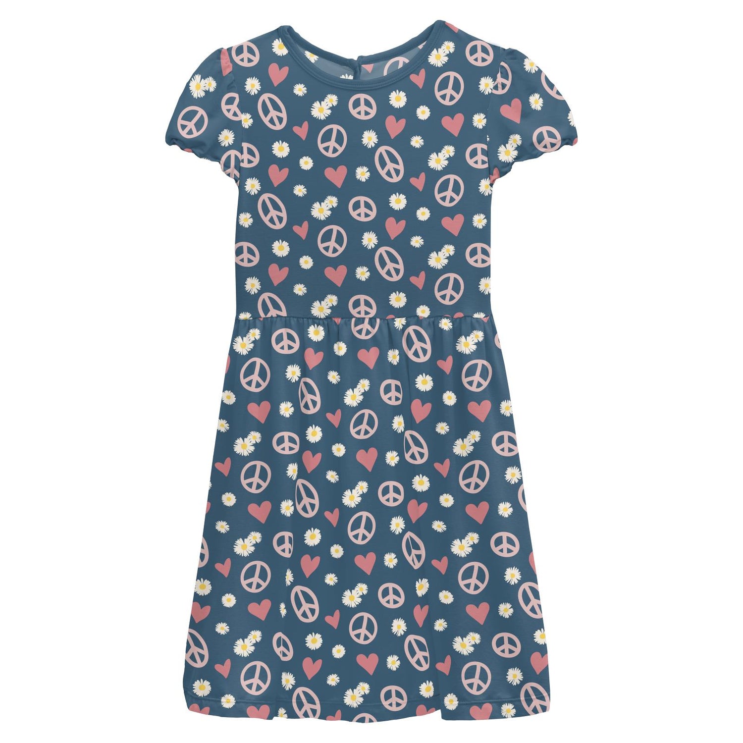 Print Flutter Sleeve Twirl Dress with Pockets in Peace, Love and Happiness