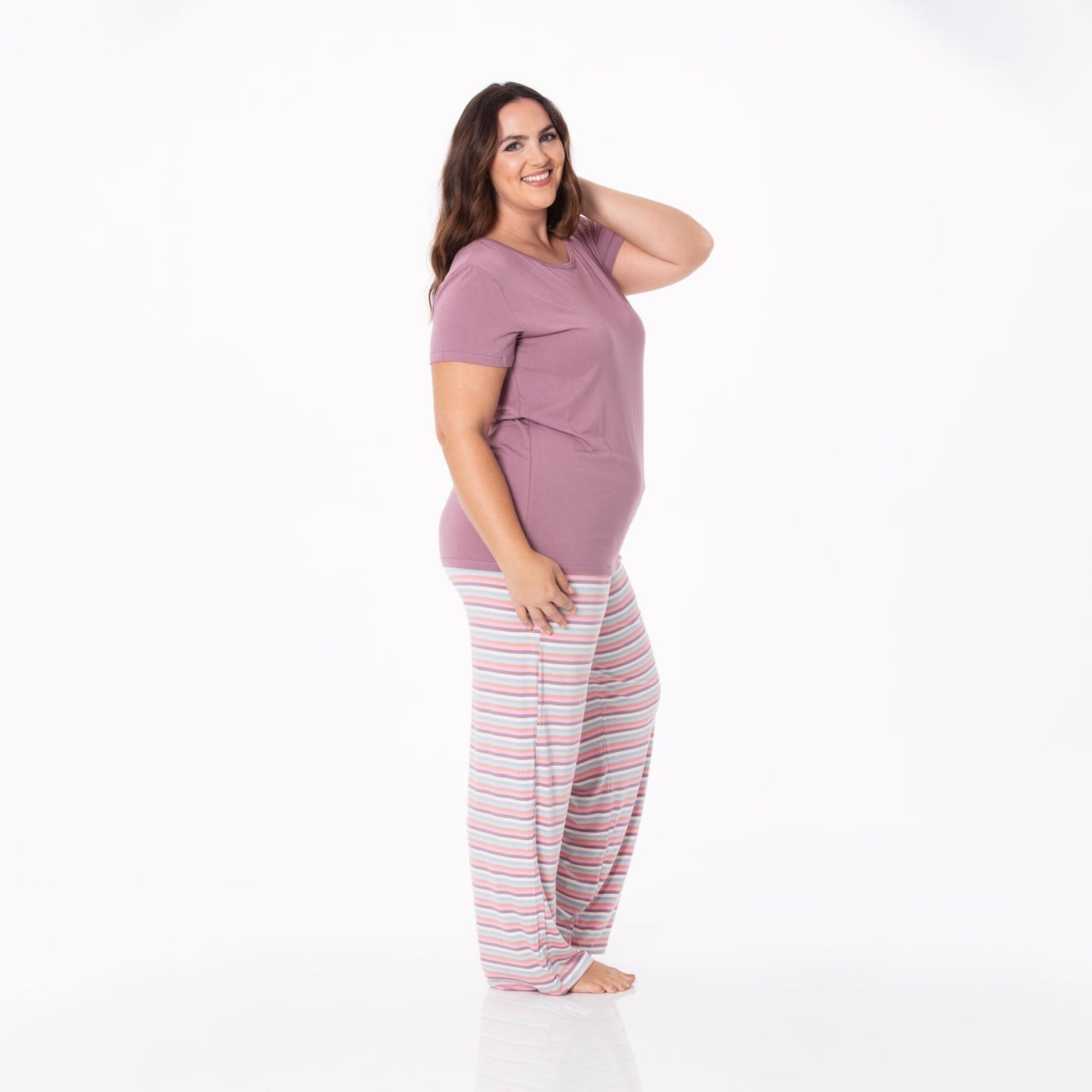 Women's Print Short Sleeve Relaxed Tee & Pajama Pants Set in Spring Bloom Stripe
