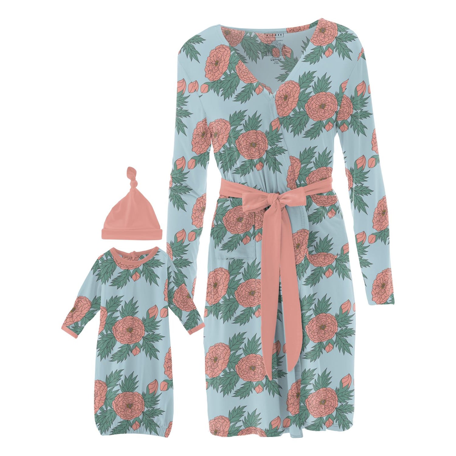 Women's Mid Length Lounge Robe & Layette Gown Set in Spring Sky Floral