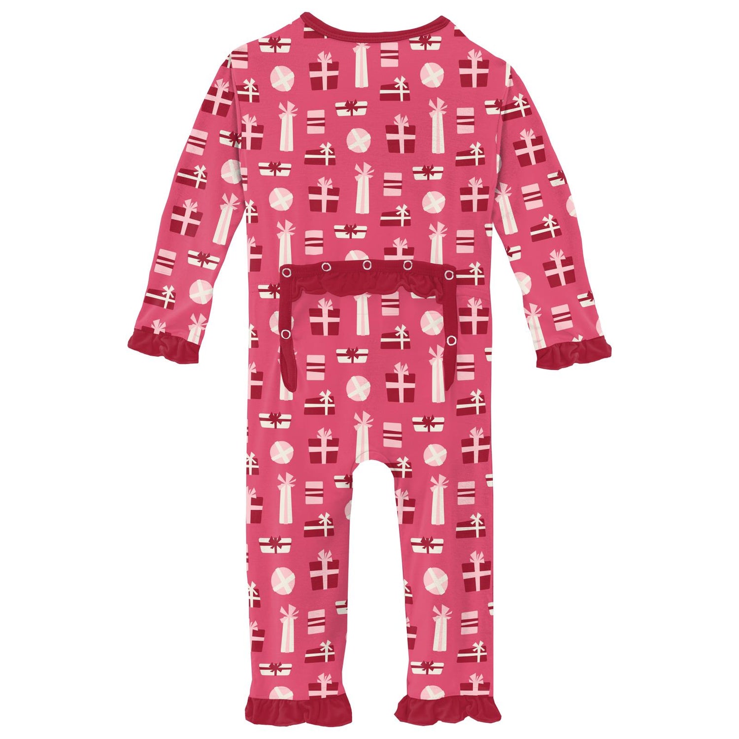 Print Classic Ruffle Coverall with Zipper in Winter Rose Presents