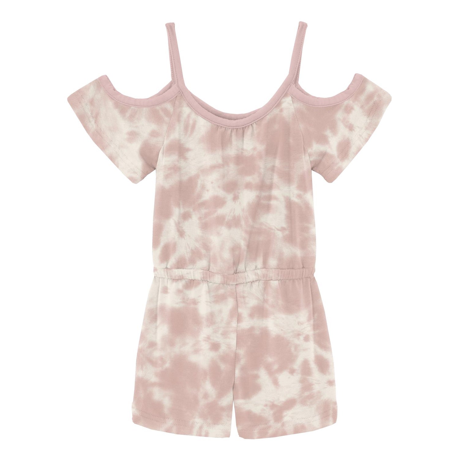 Print Open-Shoulder Romper in Baby Rose Tie Dye