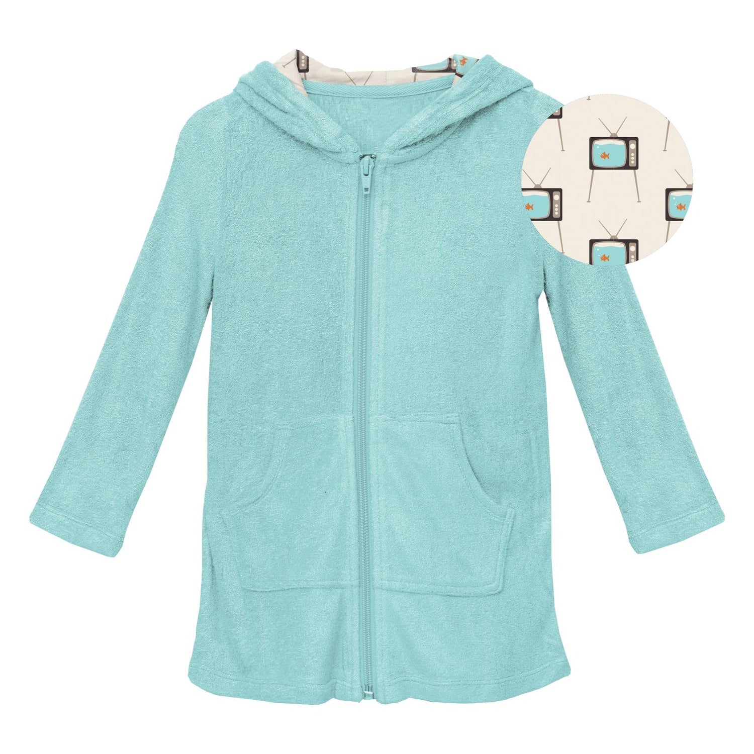 Terry Zip-Front After Swim Robe with Print Lined Hood in Summer Sky with Natural Vintage TV
