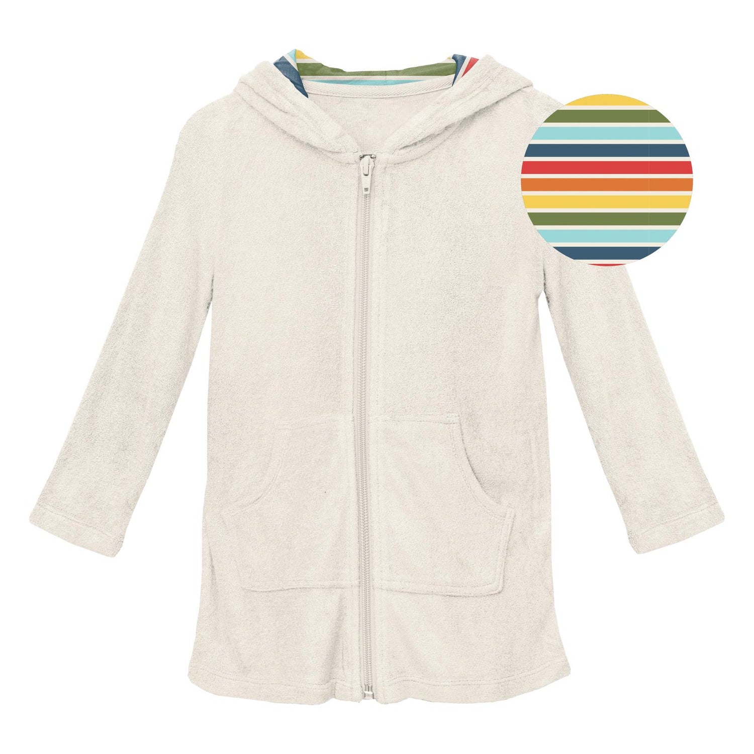 Terry Zip-Front After Swim Robe with Print Lined Hood in Natural with Groovy Stripe