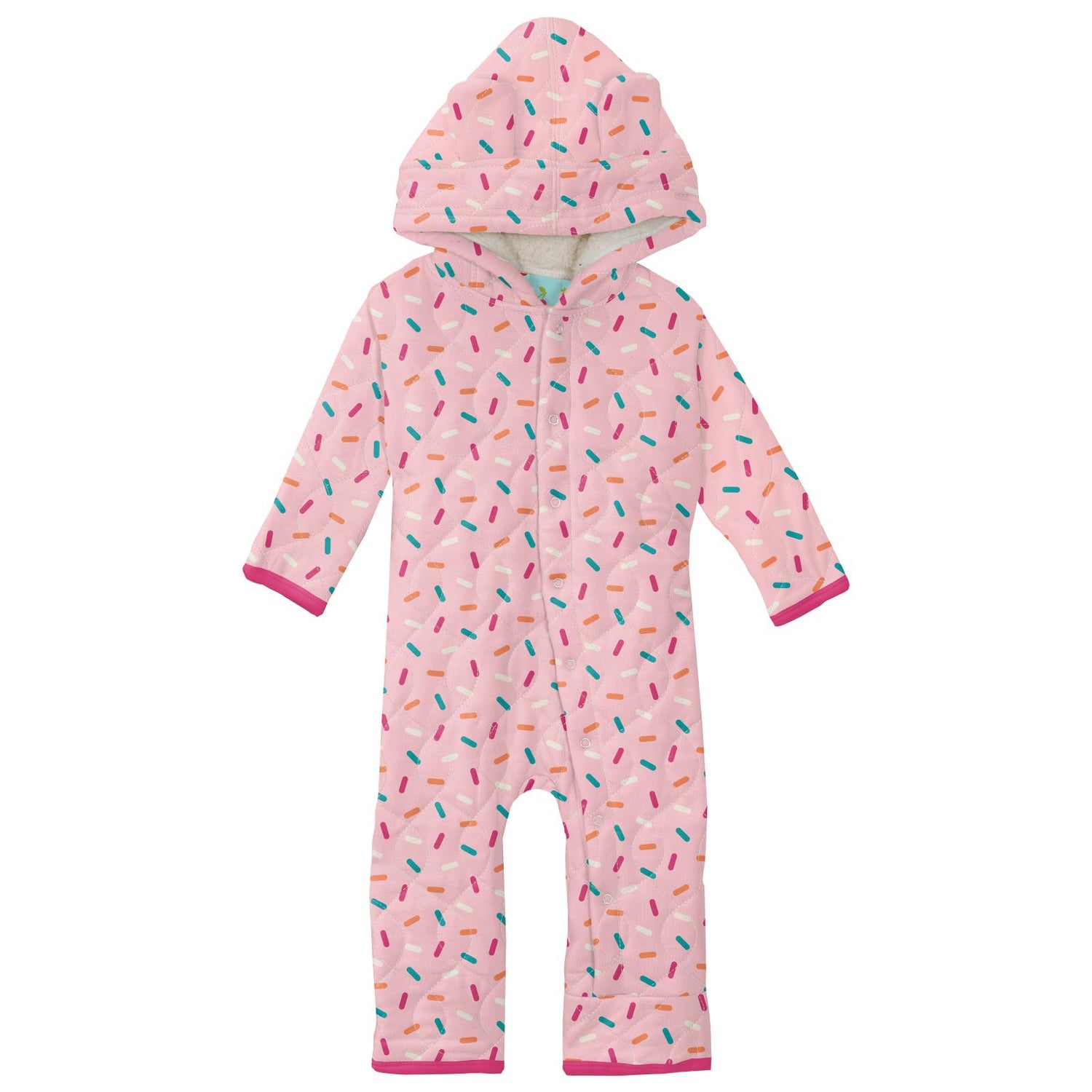 Print Quilted Hoodie Coverall with Sherpa-Lined Hood in Lotus Sprinkles/Summer Sky Mini Fruits