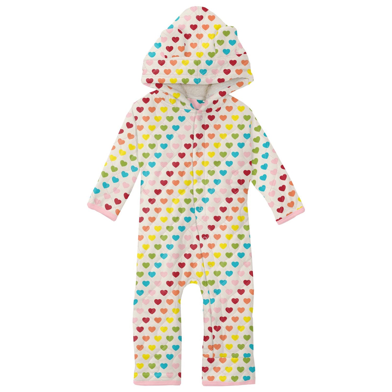 Print Quilted Hoodie Coverall with Sherpa-Lined Hood in Rainbow Hearts/Lotus Happy Teddy