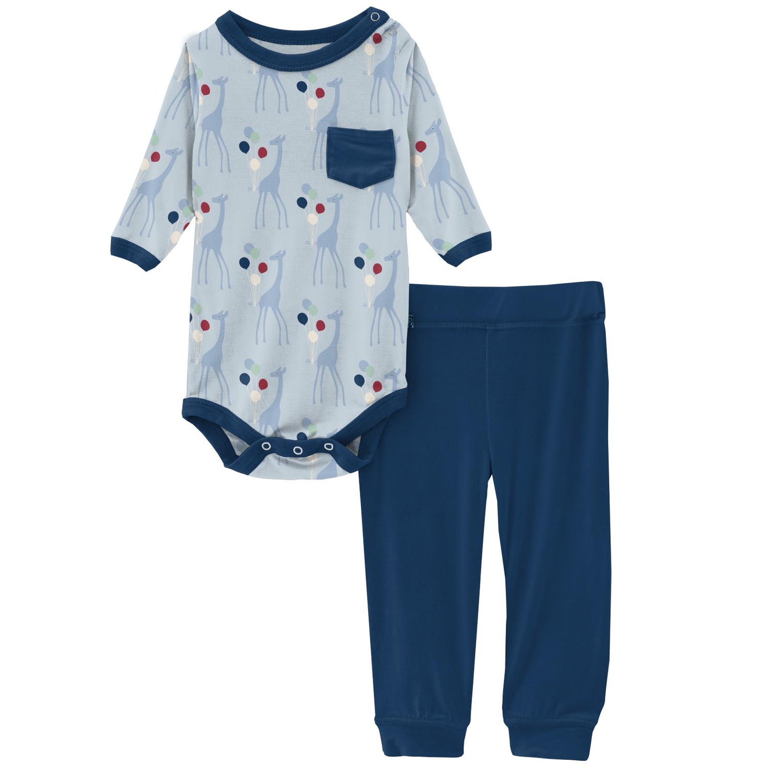 Print Long Sleeve Pocket One Piece and Pant Outfit Set in Illusion Blue Balloon Giraffe