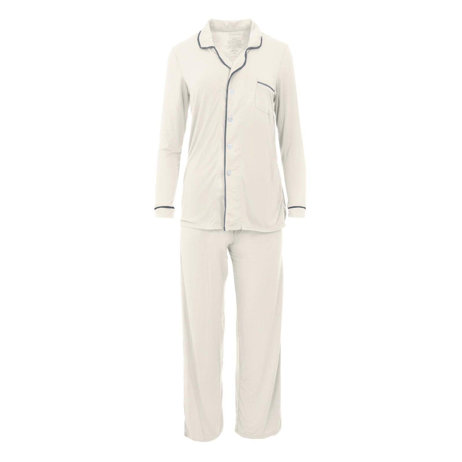 Women's Solid Woven Long Sleeve Collared Pajama Set in Natural with Slate