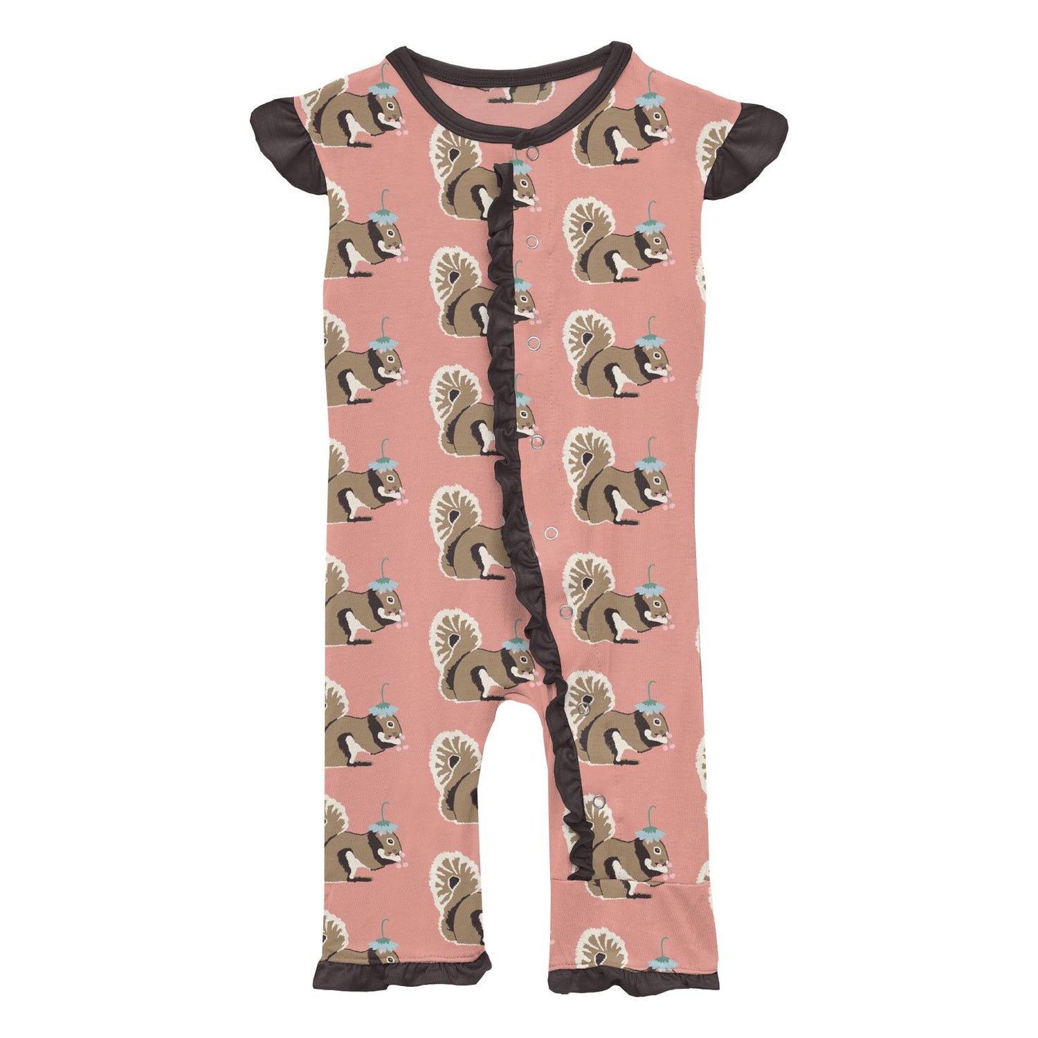 Print Ruffle Tank Romper in Blush Squirrel with Flower Hat