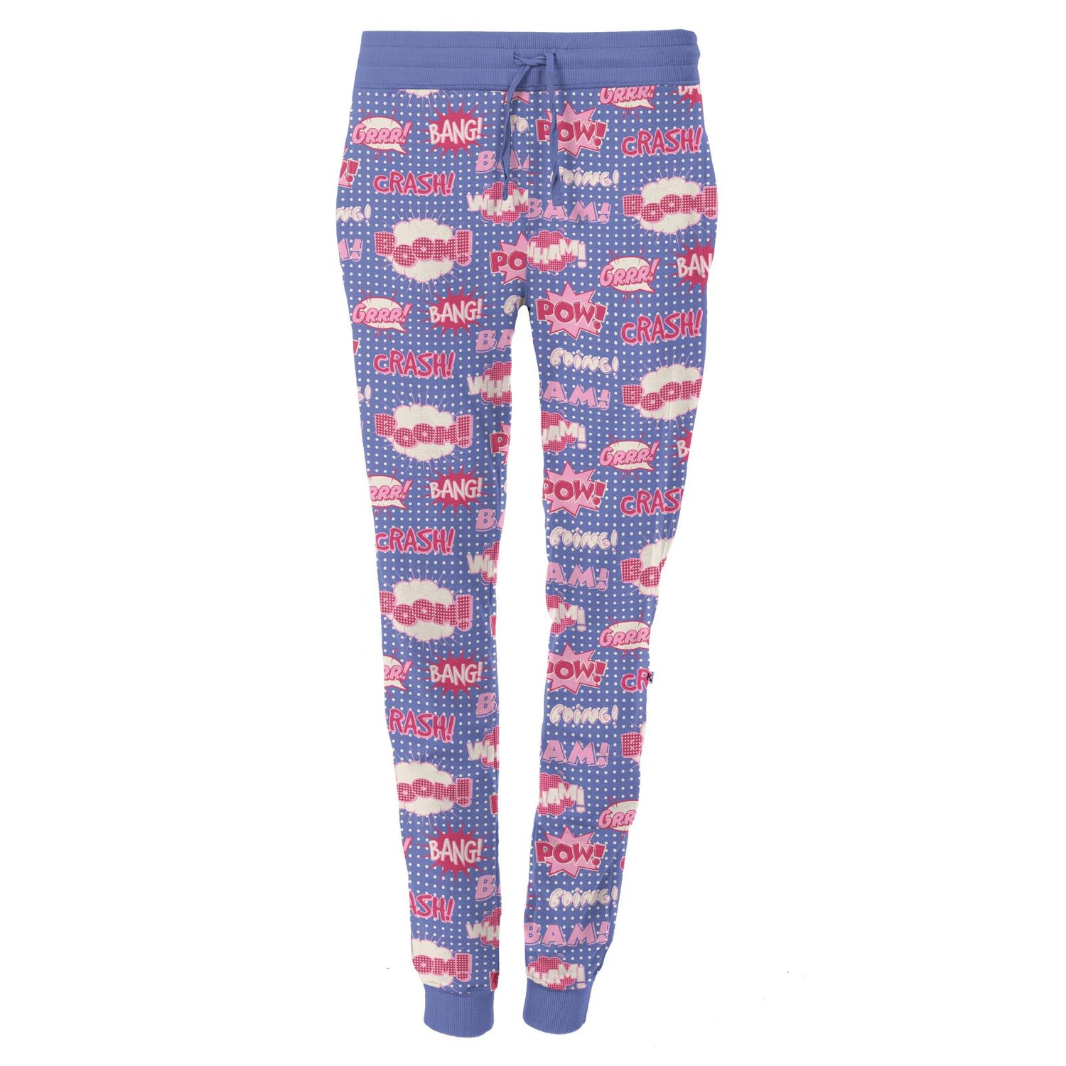 Women's Print Fleece Lounge Joggers in Forget Me Not Comic Onomatopoeia