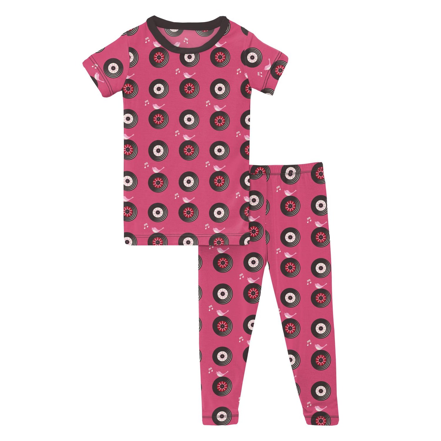 Print Short Sleeve Pajama Set in Flamingo Record Birds