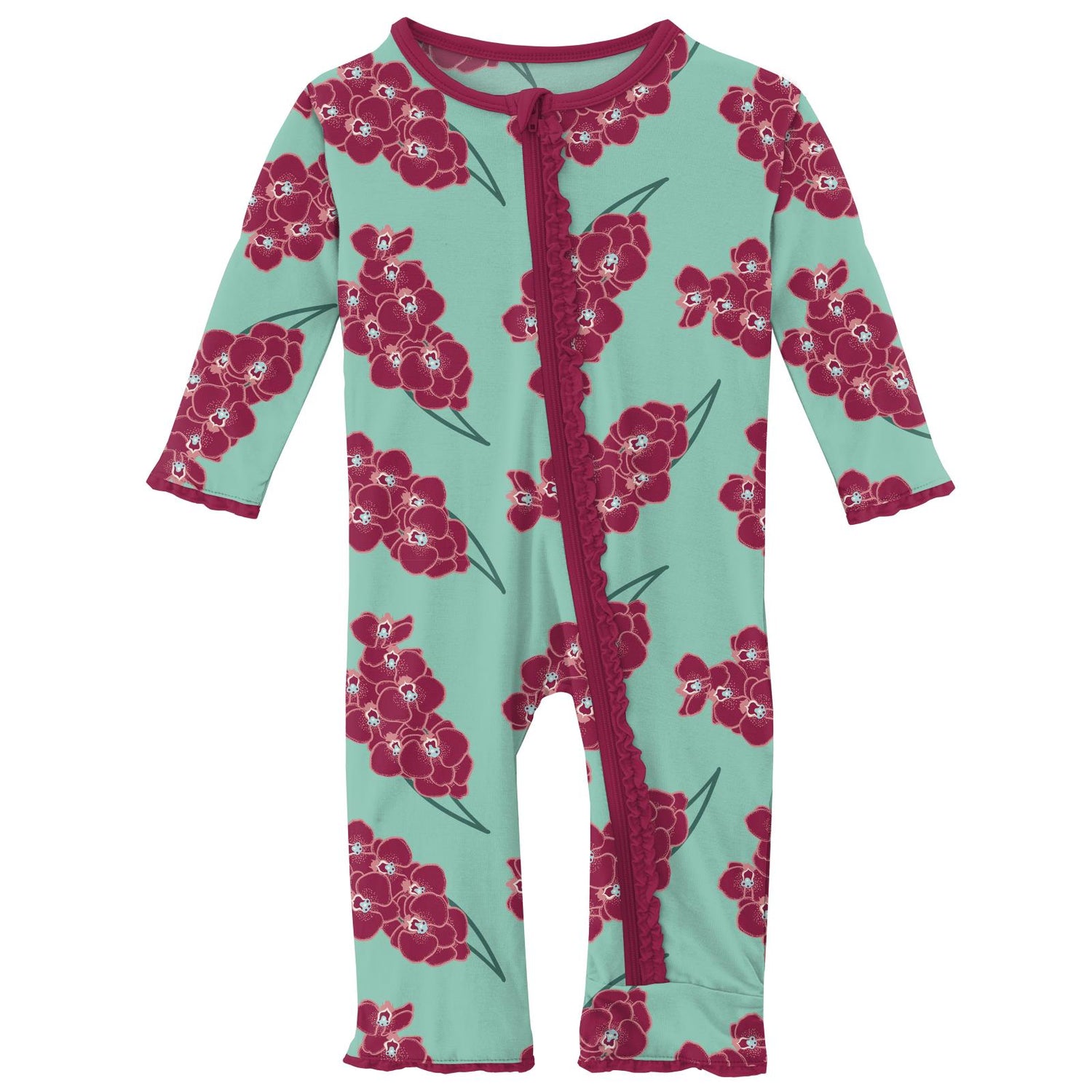 Print Muffin Ruffle Coverall with Zipper in Glass Orchids