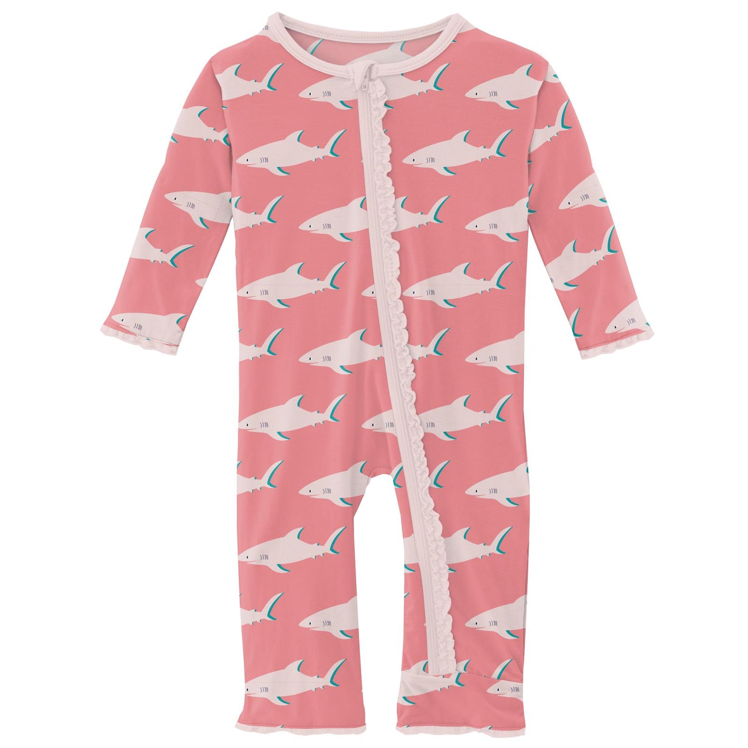 Print Muffin Ruffle Coverall with Zipper in Strawberry Sharky