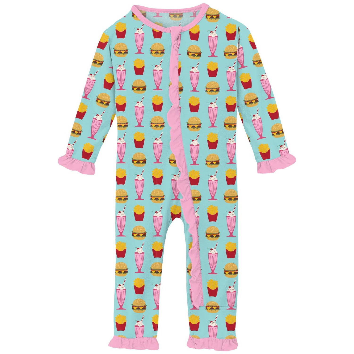 Print Classic Ruffle Coverall with Zipper in Summer Sky Cheeseburger