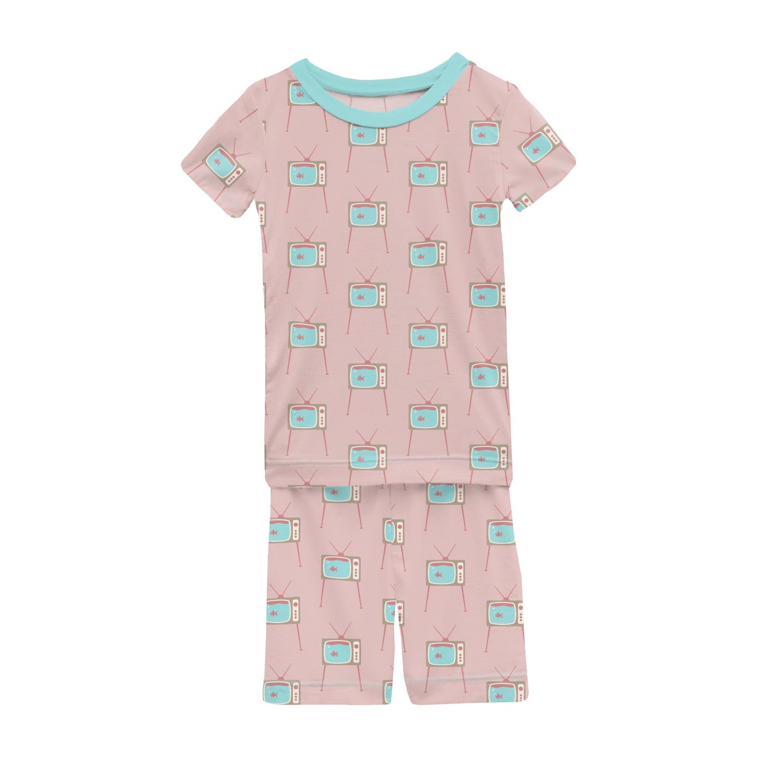 Print Short Sleeve Pajama Set with Shorts in Baby Rose Vintage TV